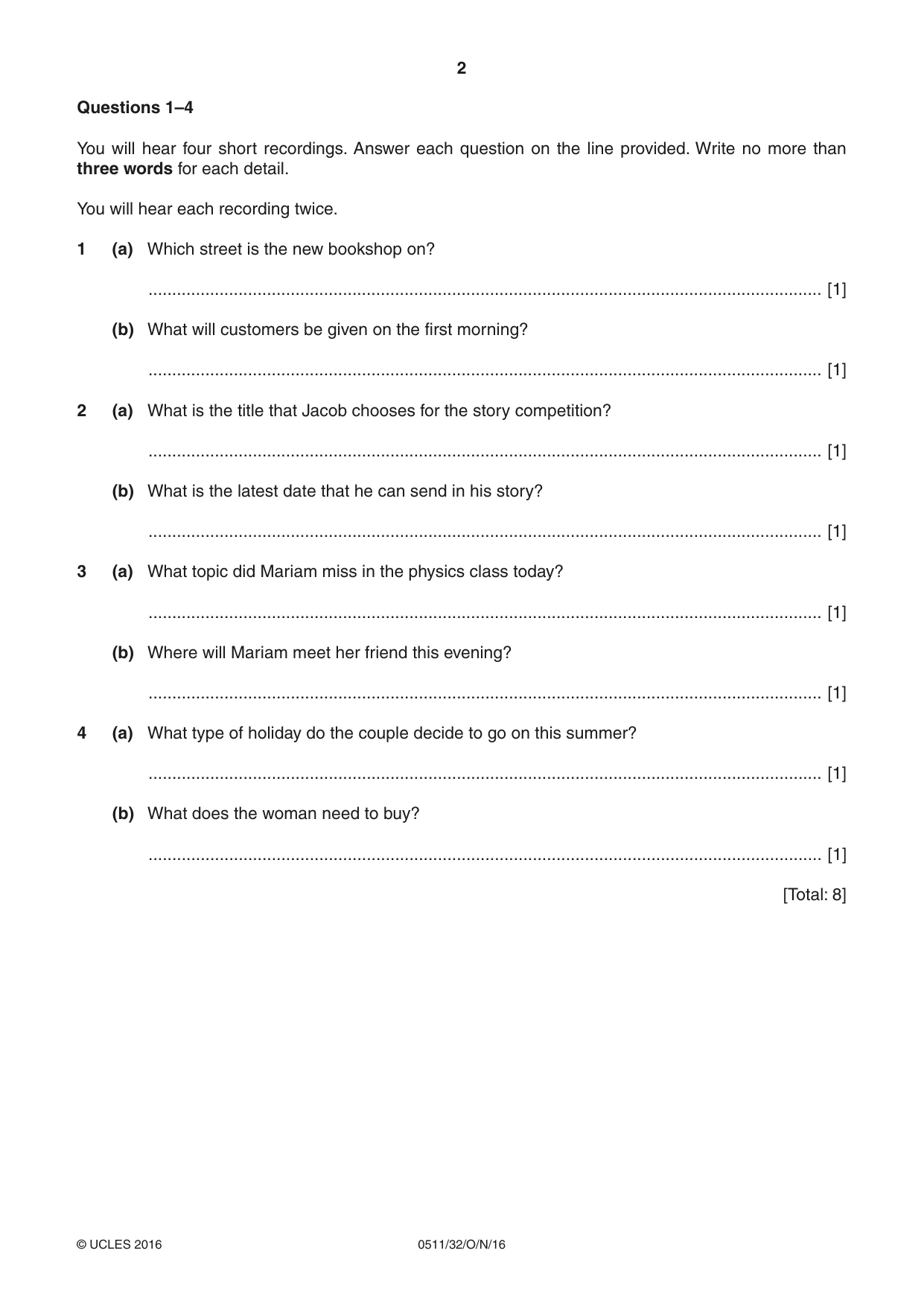 Cambridge IGCSE English - Second Language (count-in oral) 0511 2016 Oct/Nov Paper 3 · Variant 2 question paper, page 2 of 8
