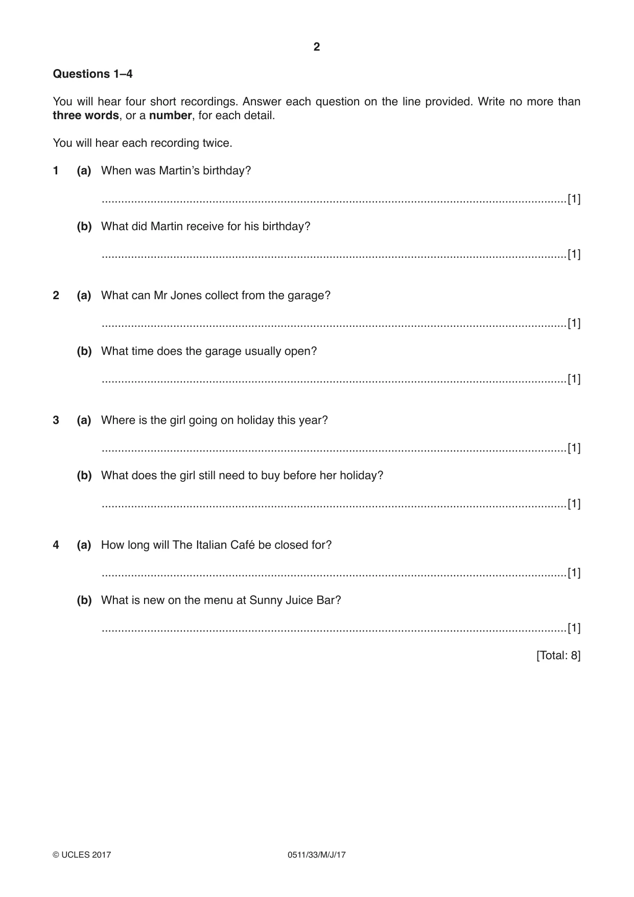 Cambridge IGCSE English - Second Language (count-in oral) 0511 2017 May/June Paper 3 · Variant 3 question paper, page 2 of 8
