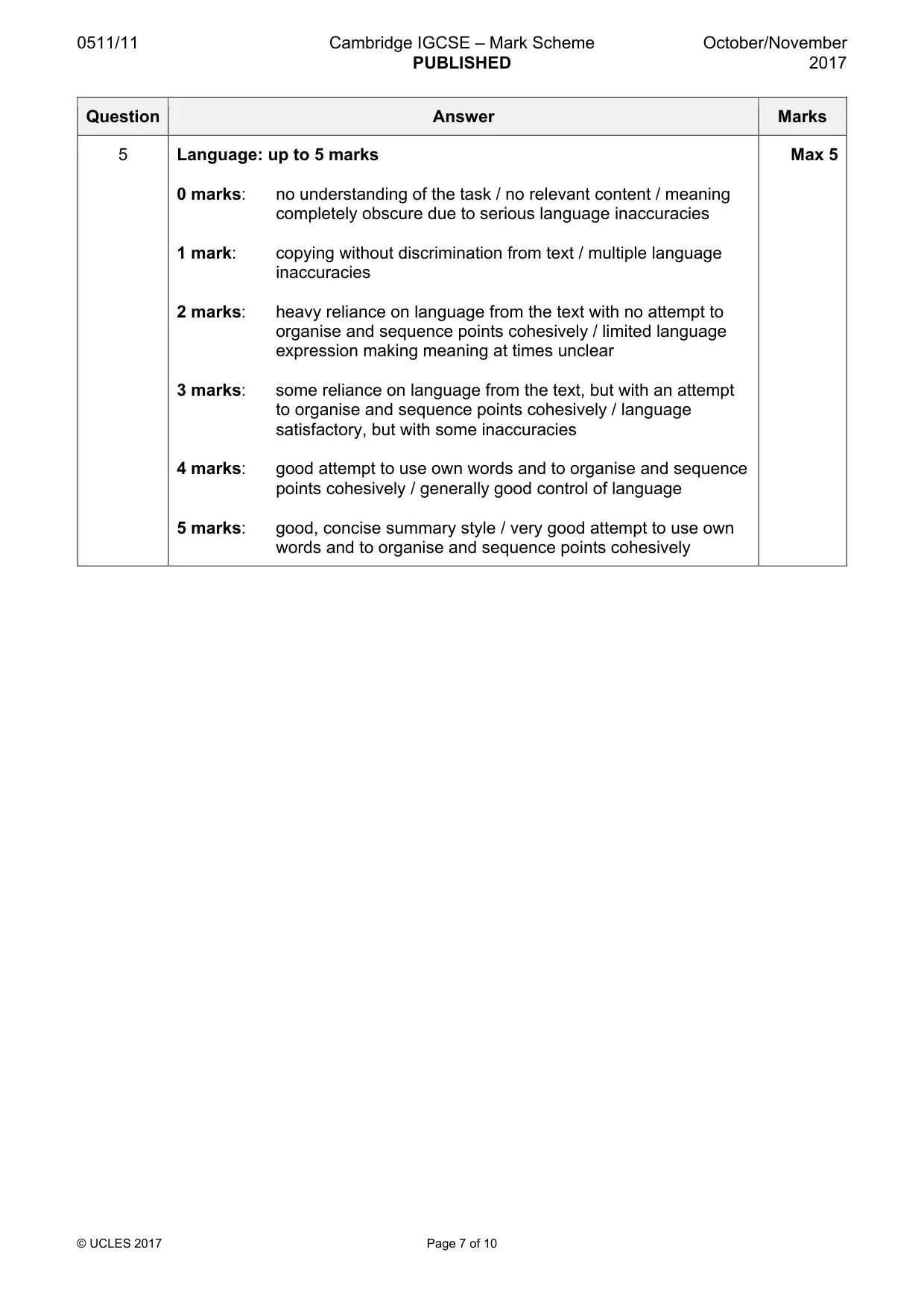 Mark scheme, page 7 of 10