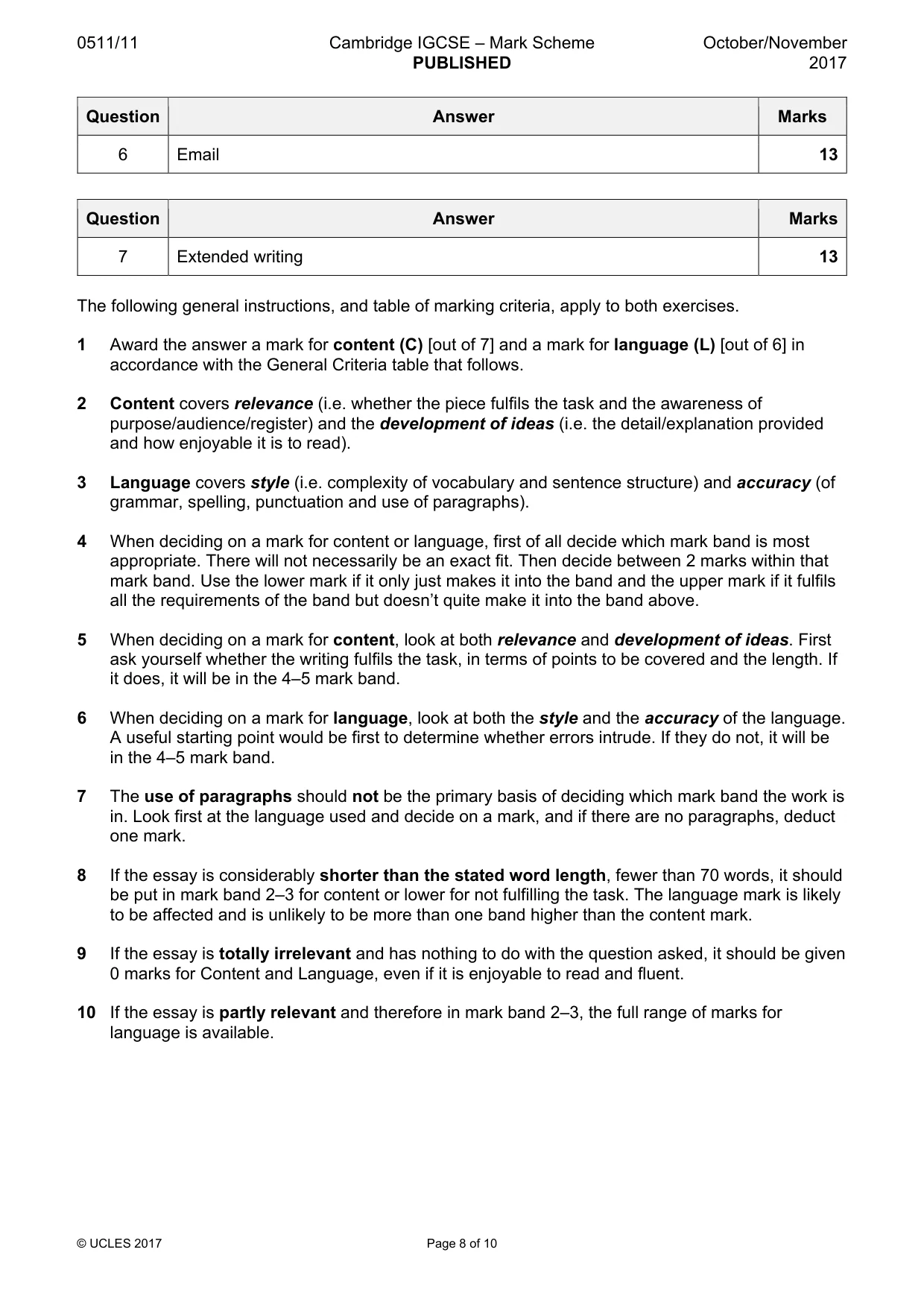 Mark scheme, page 8 of 10