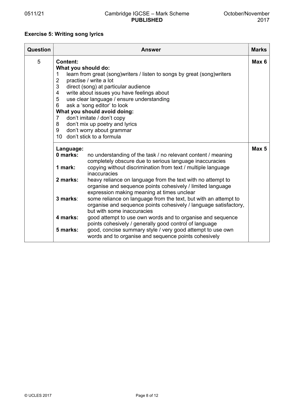 Mark scheme, page 8 of 12