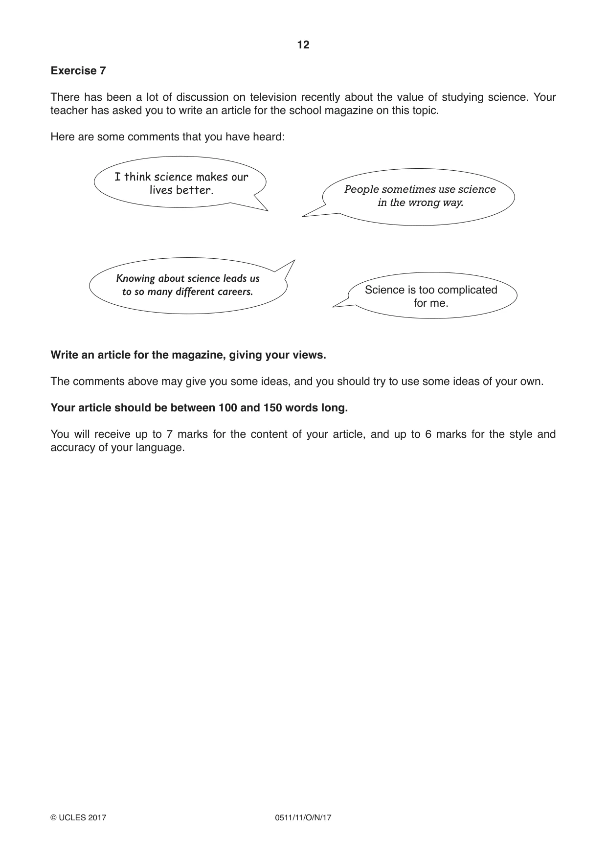 Cambridge IGCSE English - Second Language (count-in oral) 0511 2017 Oct/Nov Paper 1 · Variant 1 question paper, page 12 of 16