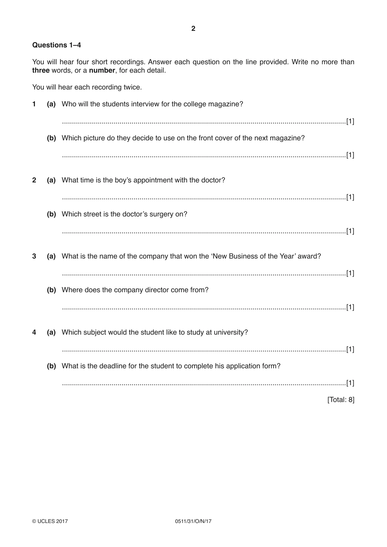 Cambridge IGCSE English - Second Language (count-in oral) 0511 2017 Oct/Nov Paper 3 · Variant 1 question paper, page 2 of 8
