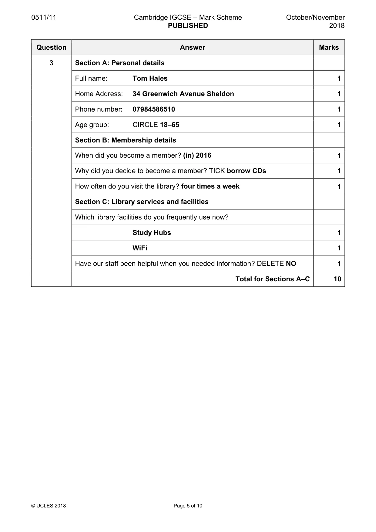 Mark scheme, page 5 of 10
