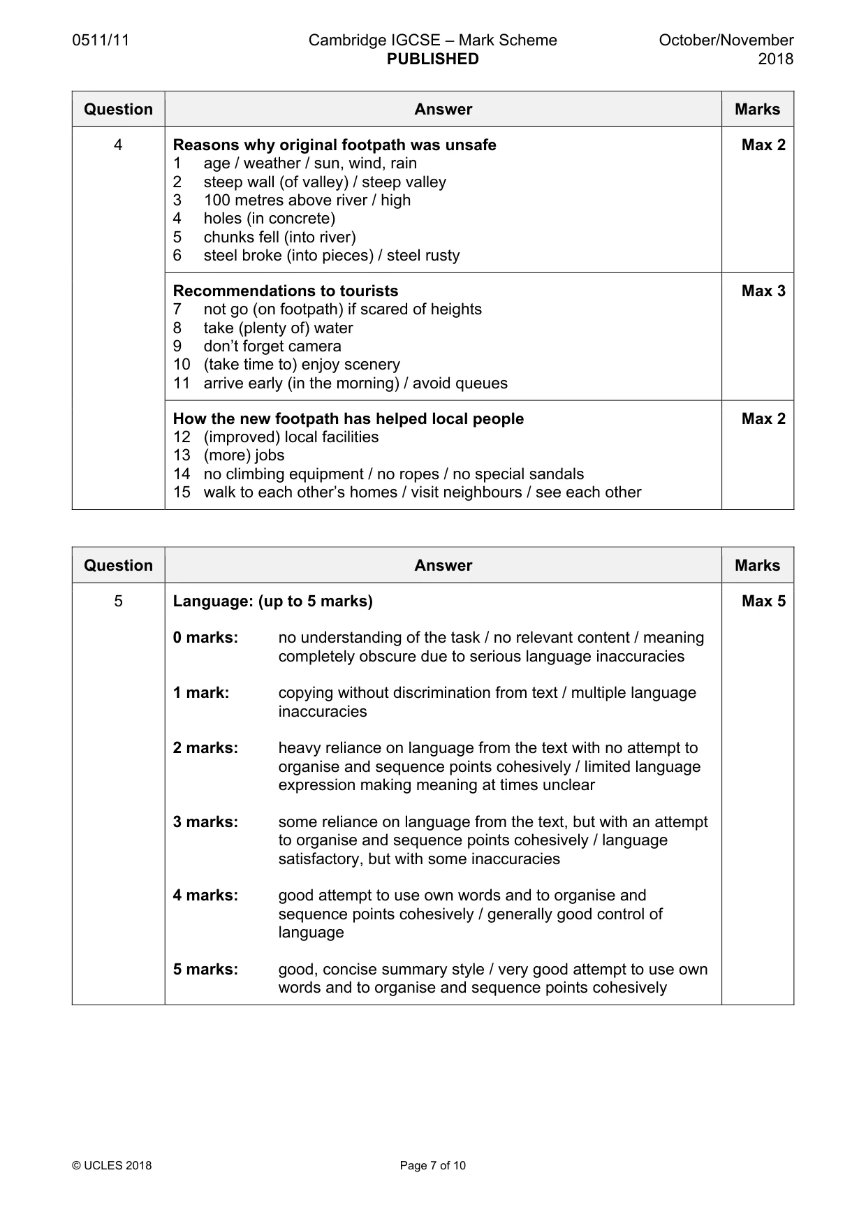 Mark scheme, page 7 of 10