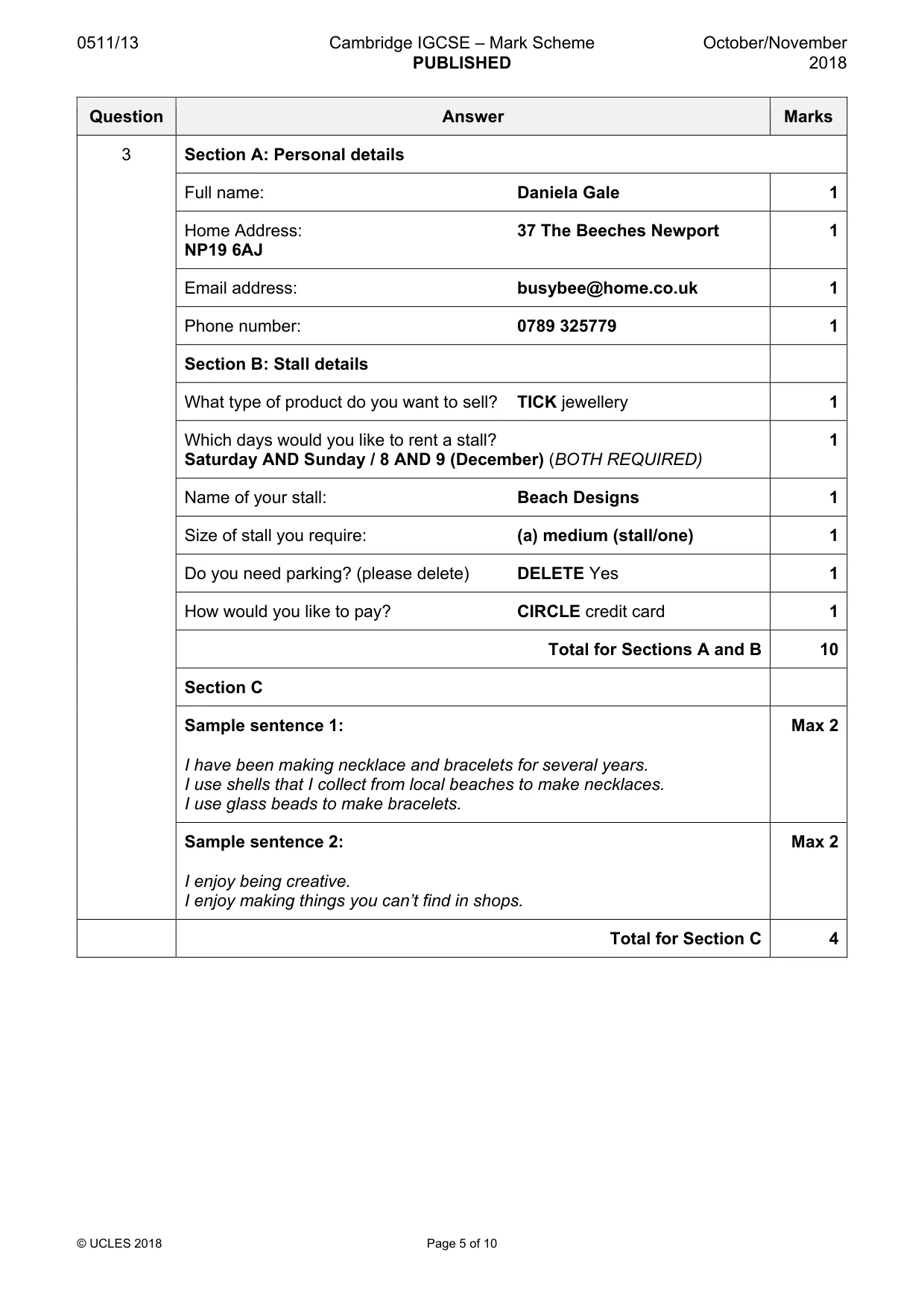 Mark scheme, page 5 of 10