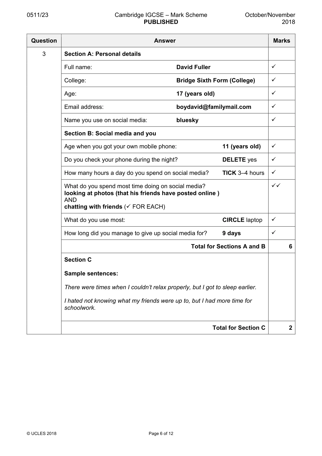 Mark scheme, page 6 of 12
