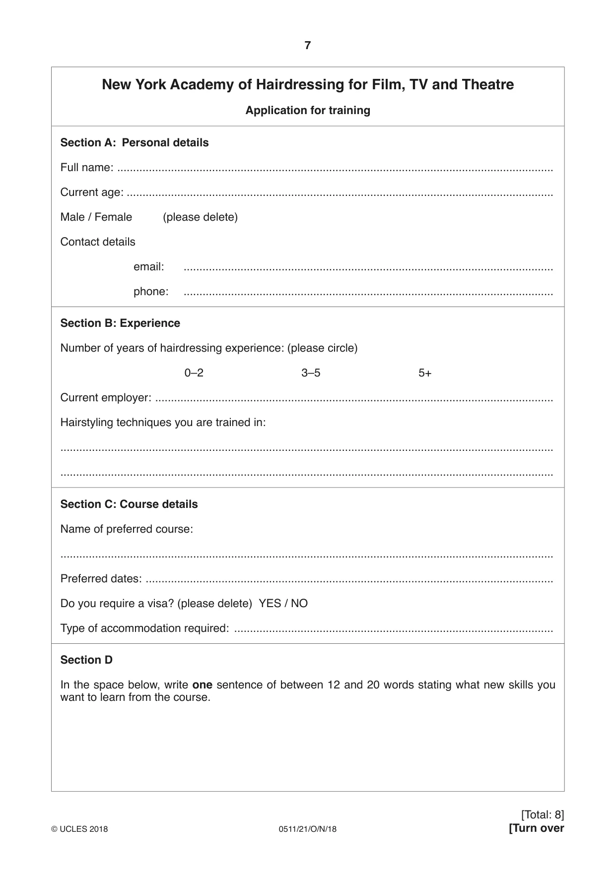 Cambridge IGCSE English - Second Language (count-in oral) 0511 2018 Oct/Nov Paper 2 · Variant 1 question paper, page 7 of 16