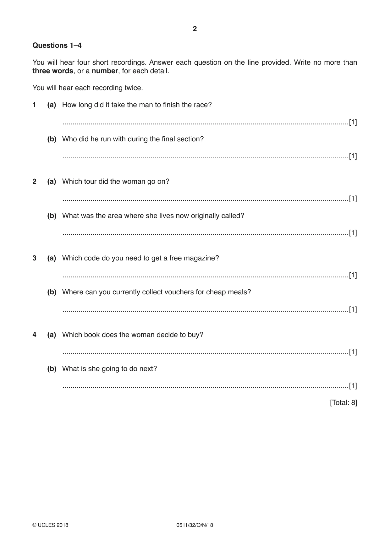 Cambridge IGCSE English - Second Language (count-in oral) 0511 2018 Oct/Nov Paper 3 · Variant 2 question paper, page 2 of 8