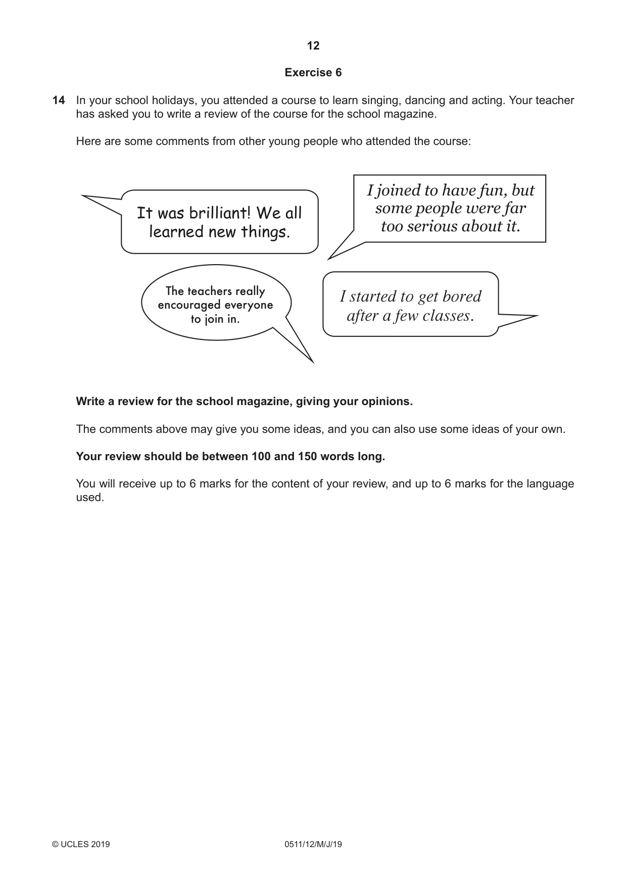 Cambridge IGCSE English - Second Language (count-in oral) 0511 2019 May/June Paper 1 · Variant 2 question paper, page 12 of 16