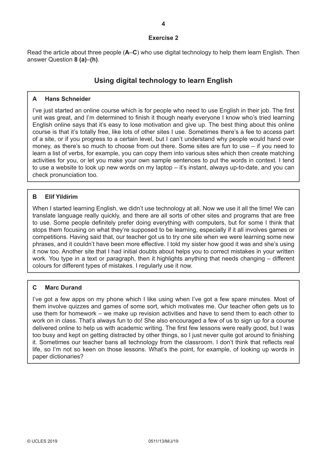 Cambridge IGCSE English - Second Language (count-in oral) 0511 2019 May/June Paper 1 · Variant 3 question paper, page 4 of 16