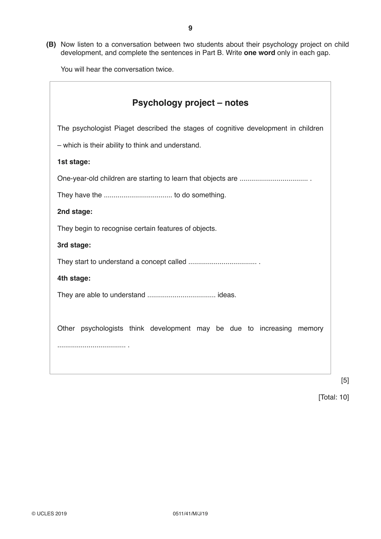 Cambridge IGCSE English - Second Language (count-in oral) 0511 2019 May/June Paper 4 · Variant 1 question paper, page 9 of 12