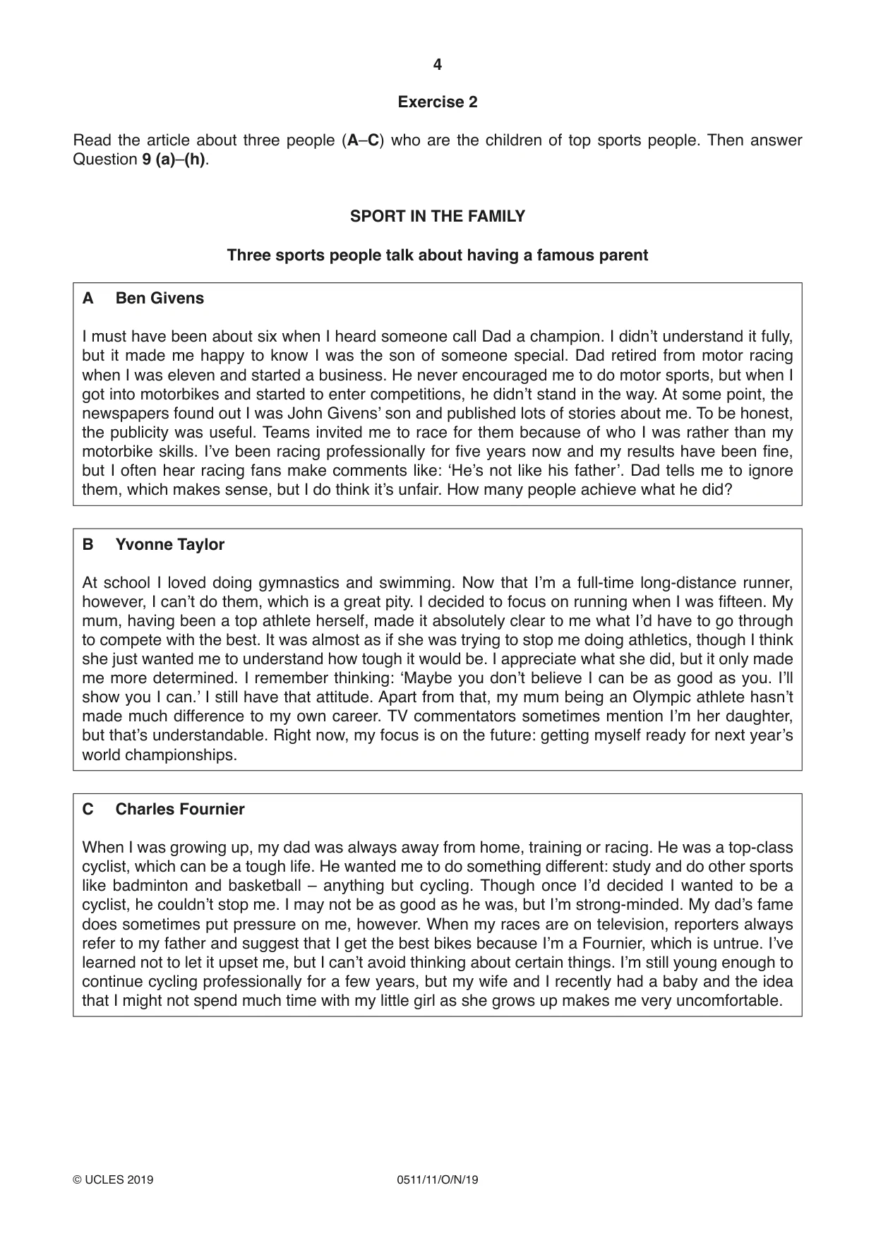 Cambridge IGCSE English - Second Language (count-in oral) 0511 2019 Oct/Nov Paper 1 · Variant 1 question paper, page 4 of 16