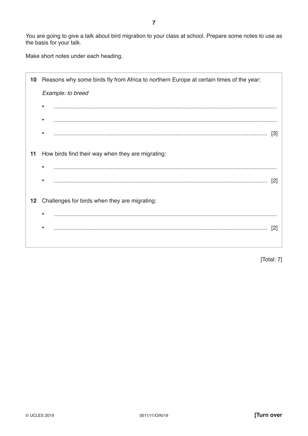 Cambridge IGCSE English - Second Language (count-in oral) 0511 2019 Oct/Nov Paper 1 · Variant 1 question paper, page 7 of 16