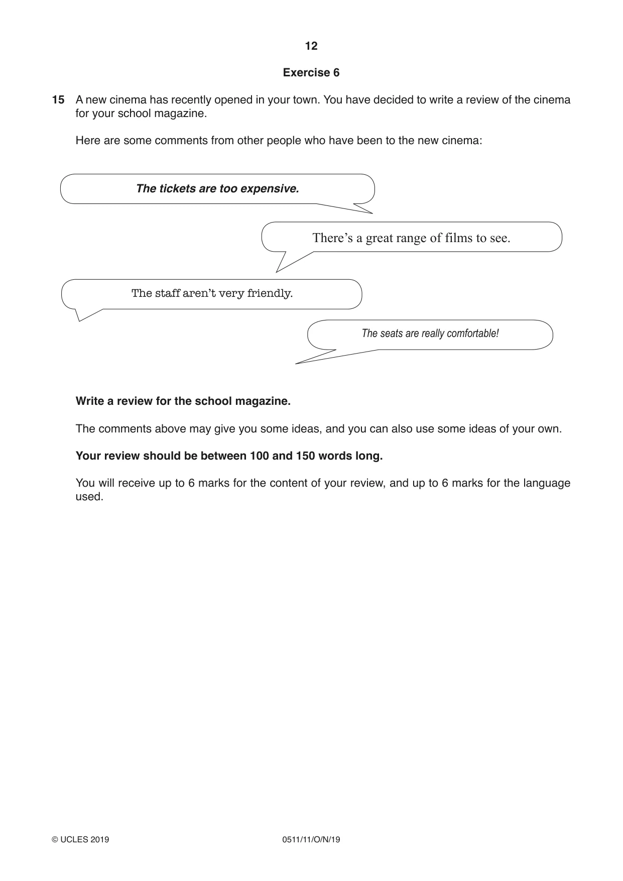 Cambridge IGCSE English - Second Language (count-in oral) 0511 2019 Oct/Nov Paper 1 · Variant 1 question paper, page 12 of 16