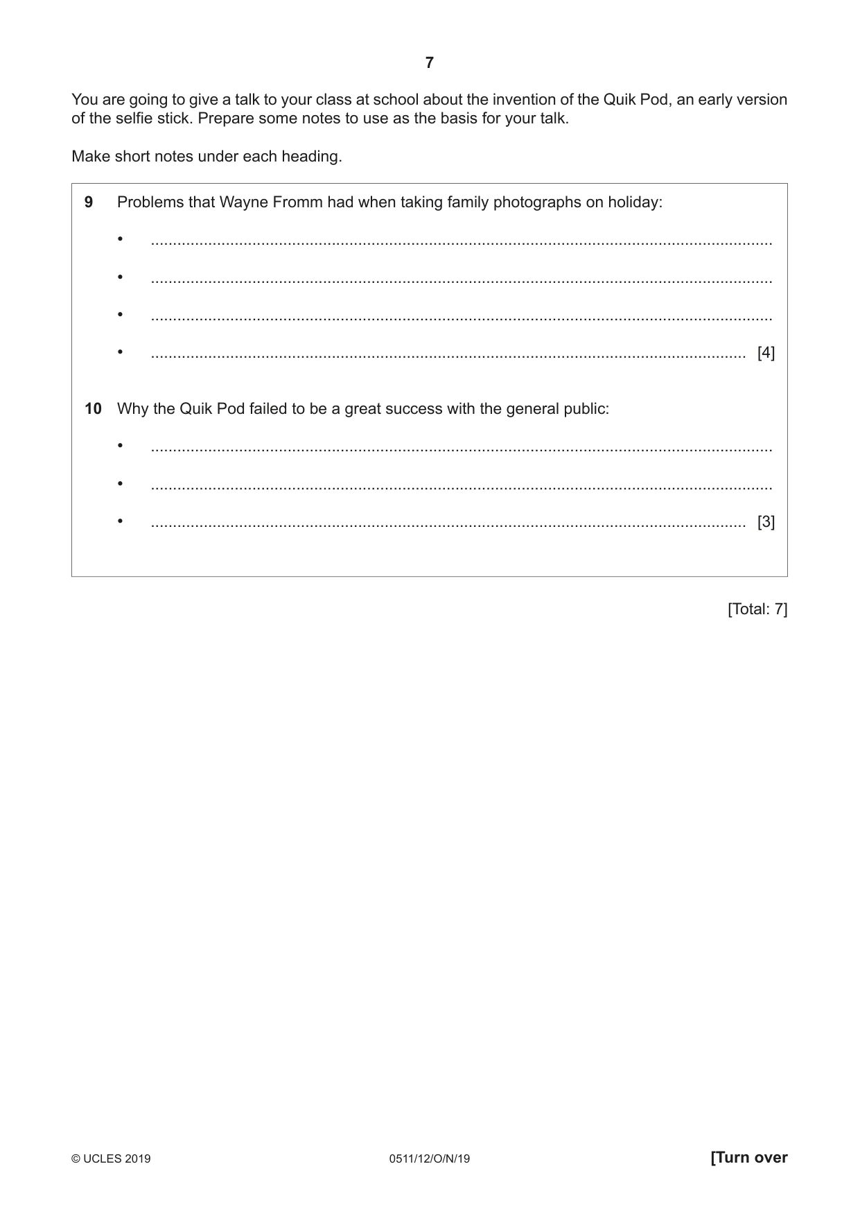Cambridge IGCSE English - Second Language (count-in oral) 0511 2019 Oct/Nov Paper 1 · Variant 2 question paper, page 7 of 16