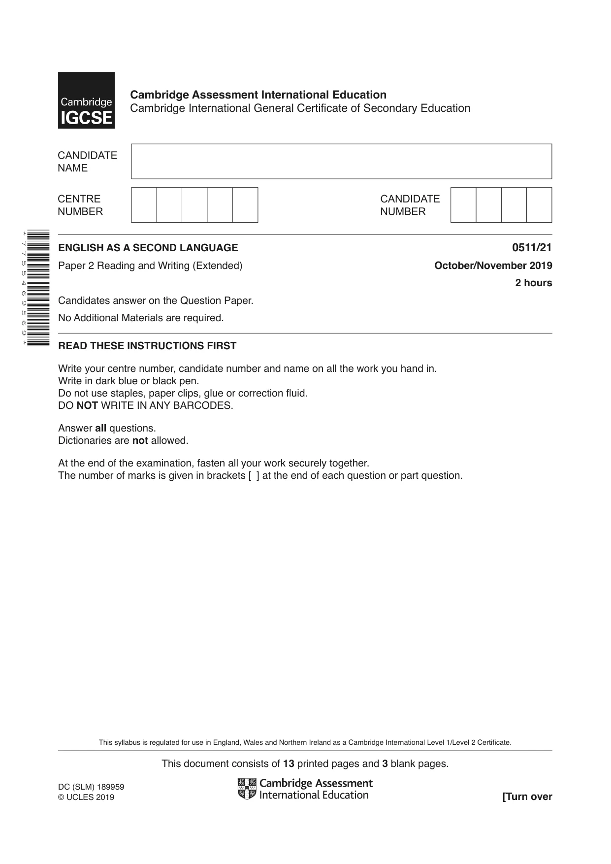 Cambridge IGCSE English - Second Language (count-in oral) 0511 2019 Oct/Nov Paper 2 · Variant 1 question paper, page 1 of 16