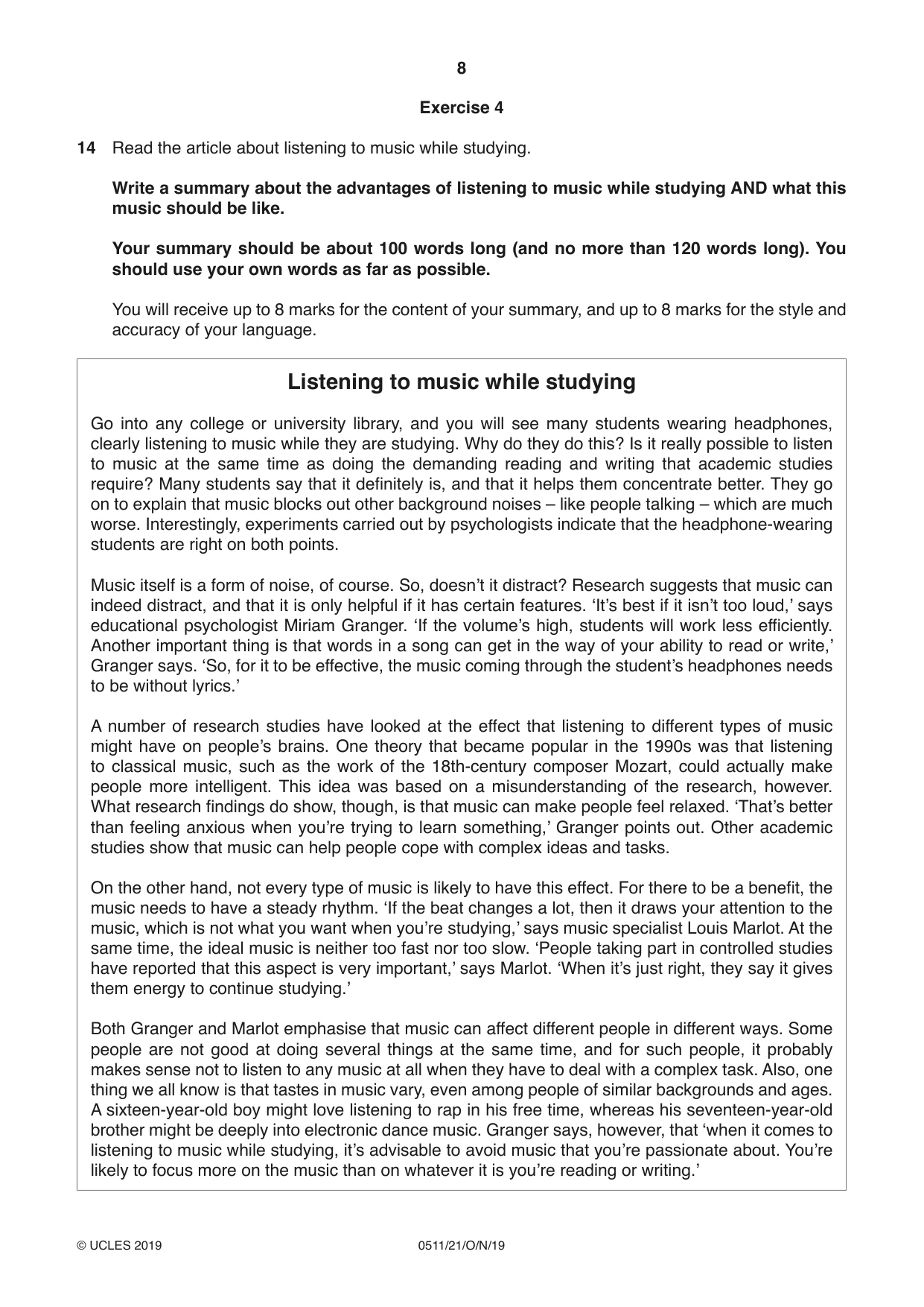 Cambridge IGCSE English - Second Language (count-in oral) 0511 2019 Oct/Nov Paper 2 · Variant 1 question paper, page 8 of 16