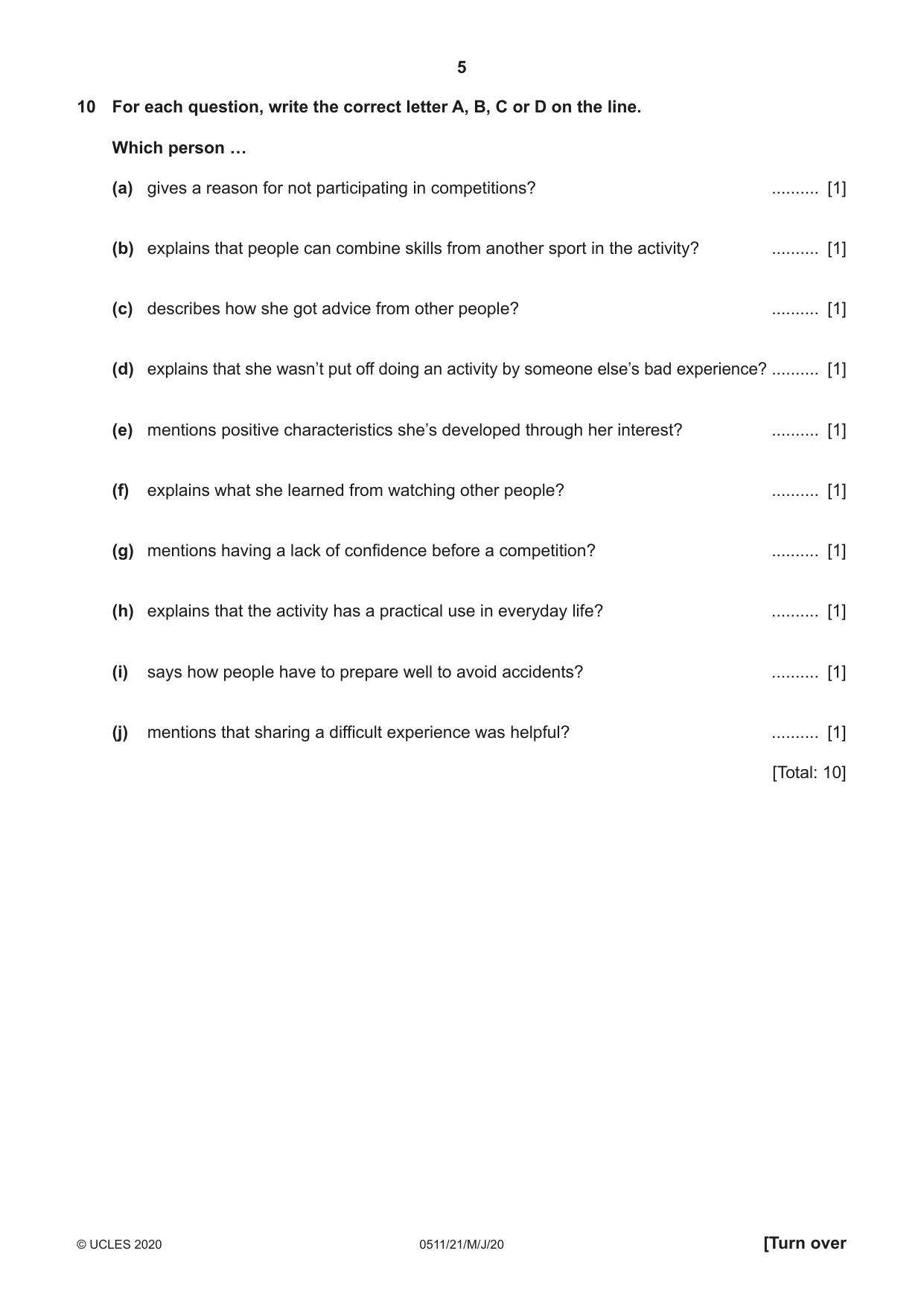 Cambridge IGCSE English - Second Language (count-in oral) 0511 2020 May/June Paper 2 · Variant 1 question paper, page 5 of 16