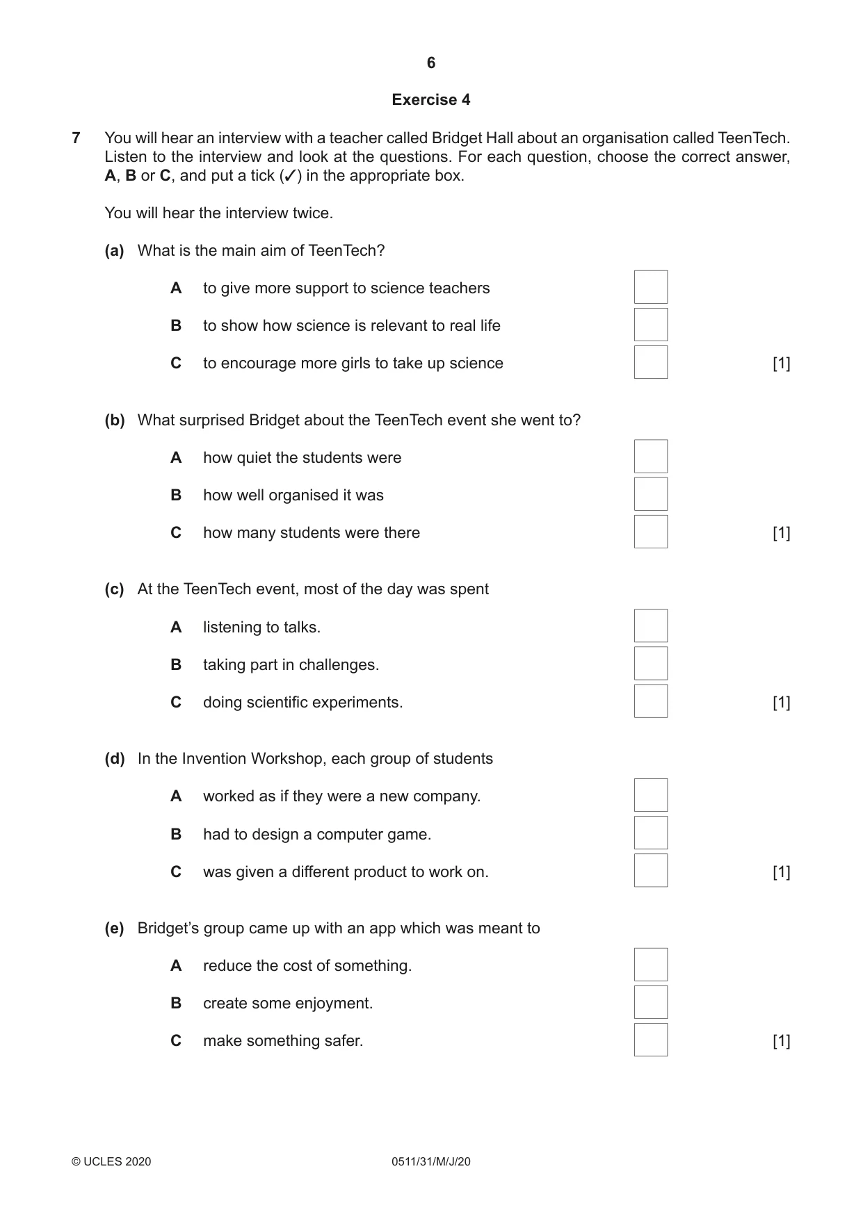 Cambridge IGCSE English - Second Language (count-in oral) 0511 2020 May/June Paper 3 · Variant 1 question paper, page 6 of 8