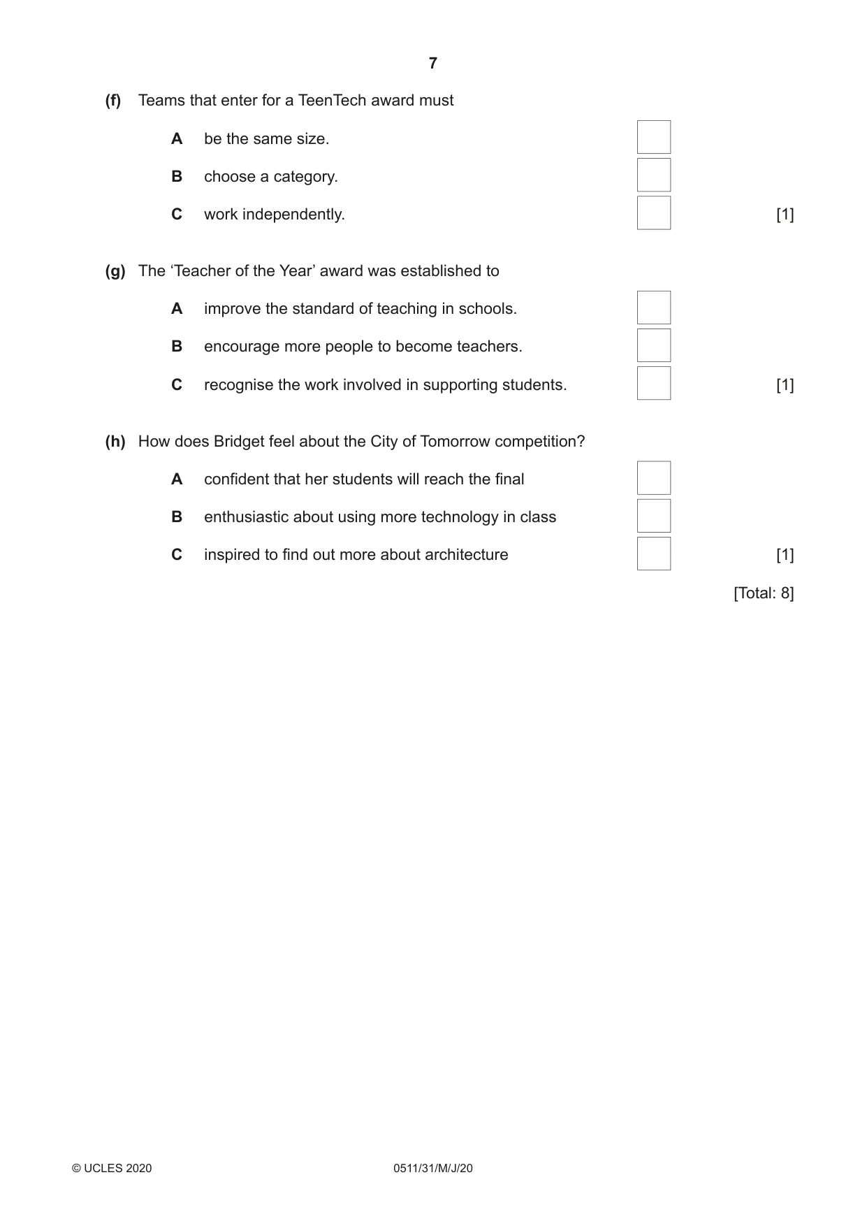 Cambridge IGCSE English - Second Language (count-in oral) 0511 2020 May/June Paper 3 · Variant 1 question paper, page 7 of 8