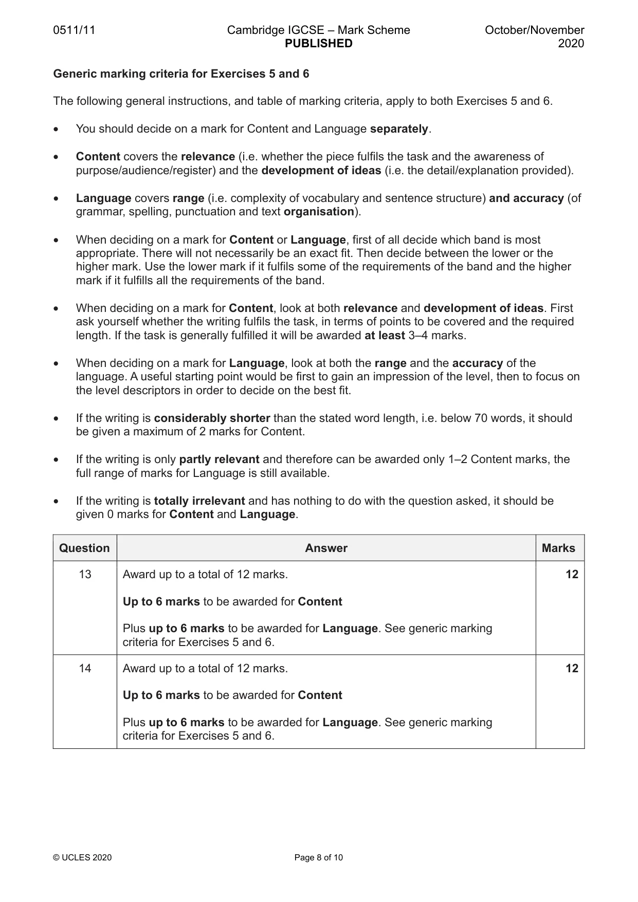 Mark scheme, page 8 of 10