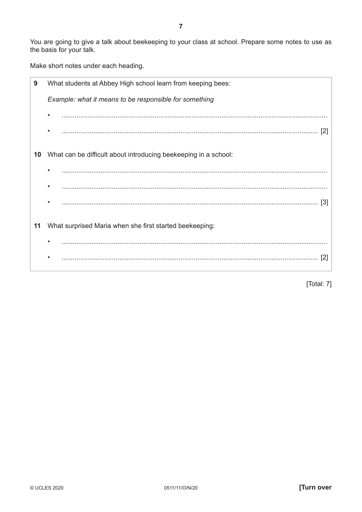 Cambridge IGCSE English - Second Language (count-in oral) 0511 2020 Oct/Nov Paper 1 · Variant 1 question paper, page 7 of 16