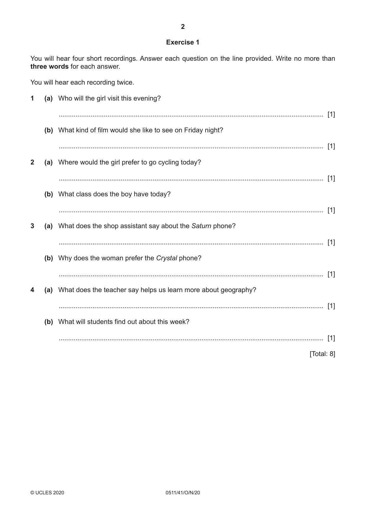 Cambridge IGCSE English - Second Language (count-in oral) 0511 2020 Oct/Nov Paper 4 · Variant 1 question paper, page 2 of 12