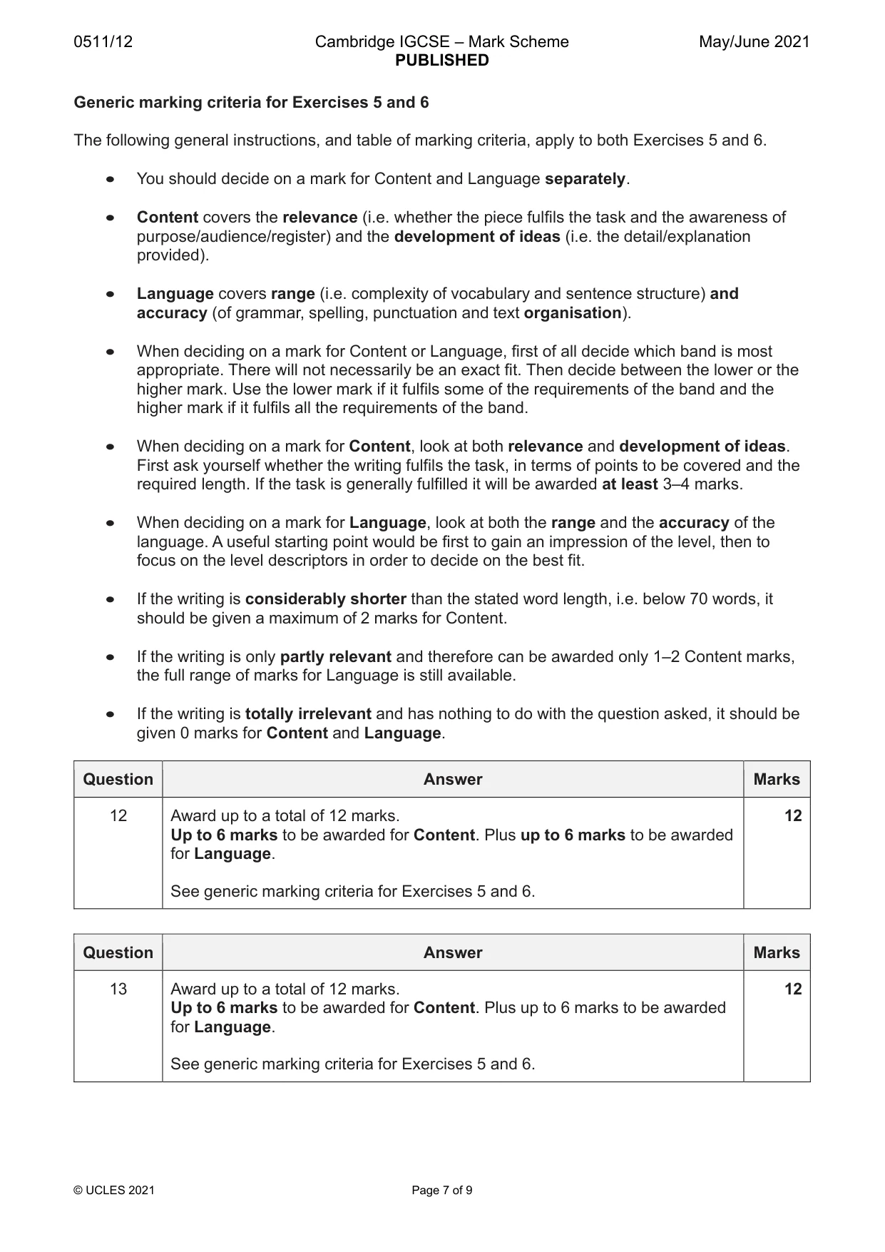 Mark scheme, page 7 of 9
