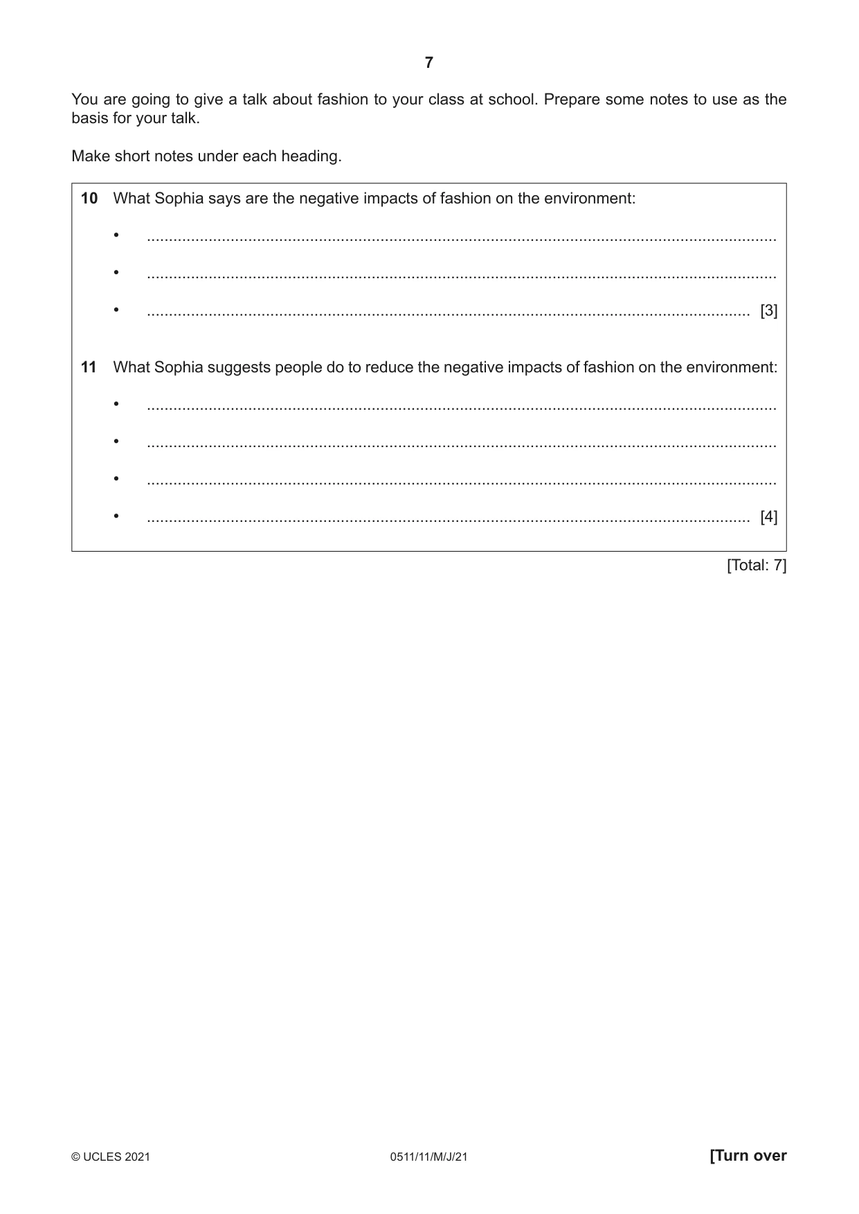 Cambridge IGCSE English - Second Language (count-in oral) 0511 2021 May/June Paper 1 · Variant 1 question paper, page 7 of 16