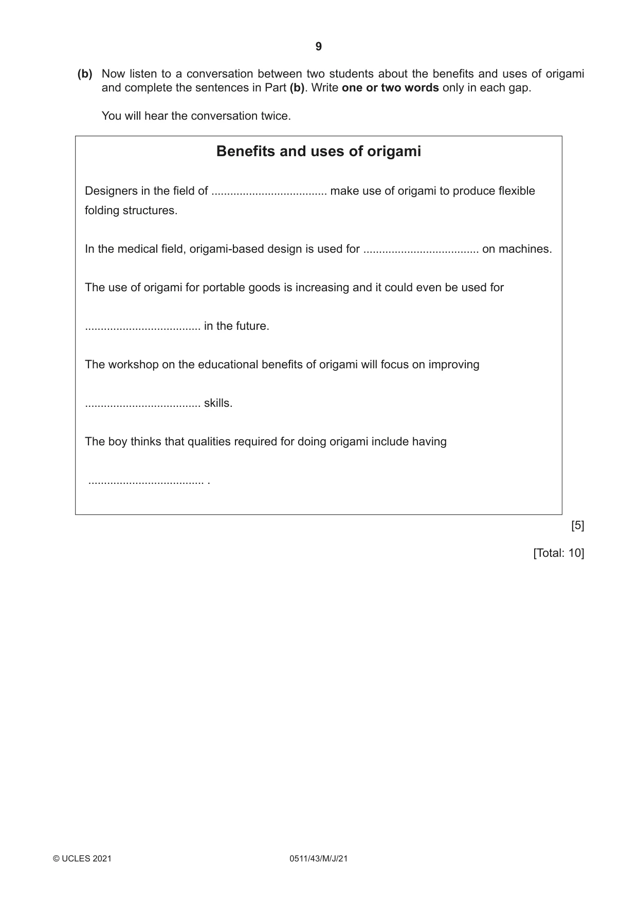 Cambridge IGCSE English - Second Language (count-in oral) 0511 2021 May/June Paper 4 · Variant 3 question paper, page 9 of 12
