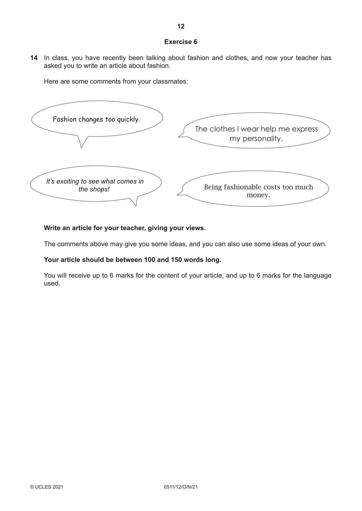 Cambridge IGCSE English - Second Language (count-in oral) 0511 2021 Oct/Nov Paper 1 · Variant 2 question paper, page 12 of 16