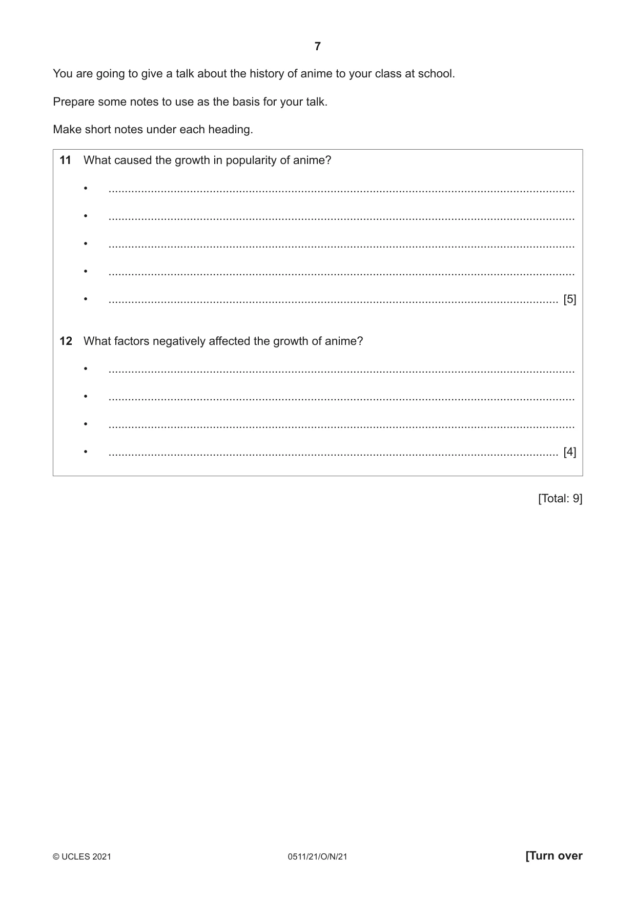 Cambridge IGCSE English - Second Language (count-in oral) 0511 2021 Oct/Nov Paper 2 · Variant 1 question paper, page 7 of 16
