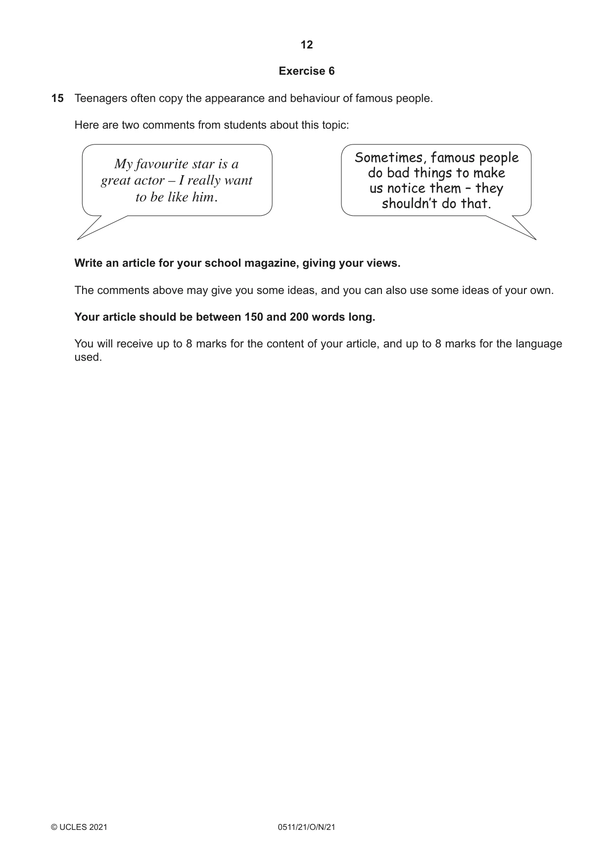 Cambridge IGCSE English - Second Language (count-in oral) 0511 2021 Oct/Nov Paper 2 · Variant 1 question paper, page 12 of 16