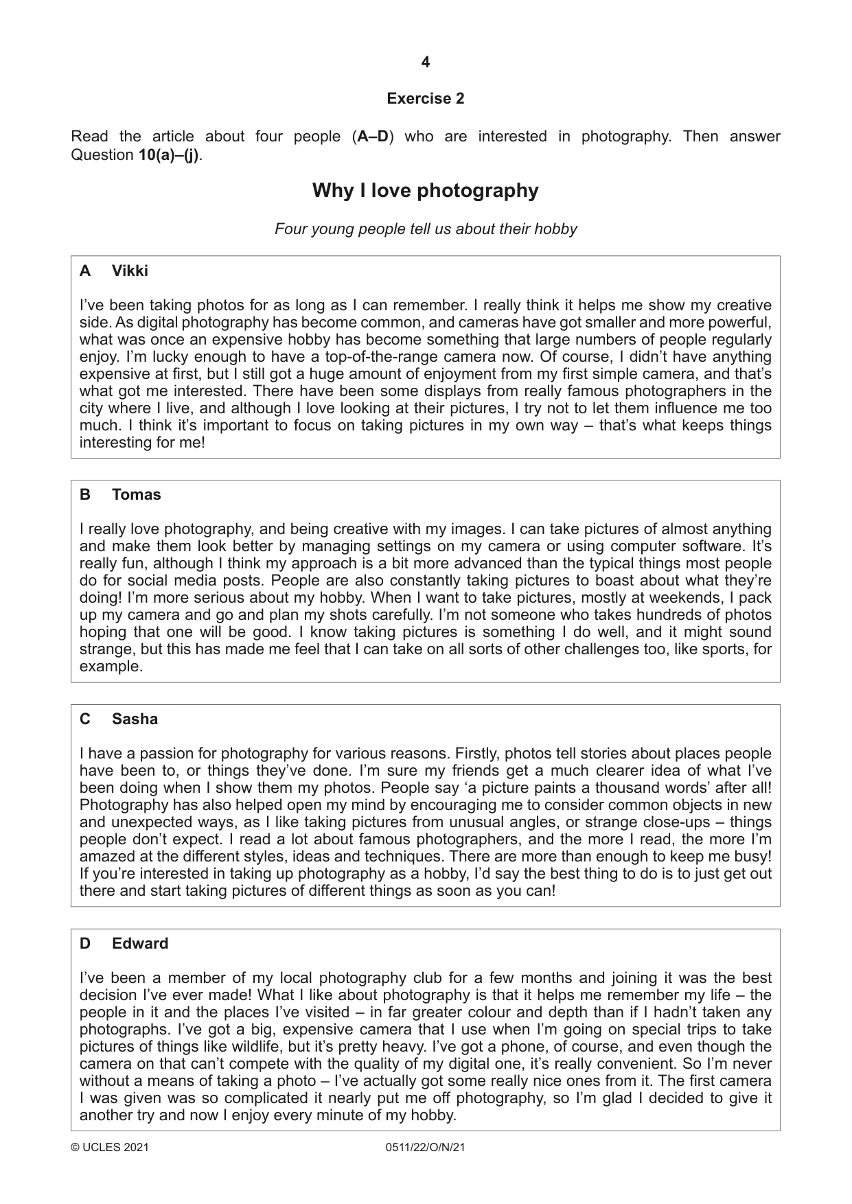 Cambridge IGCSE English - Second Language (count-in oral) 0511 2021 Oct/Nov Paper 2 · Variant 2 question paper, page 4 of 16