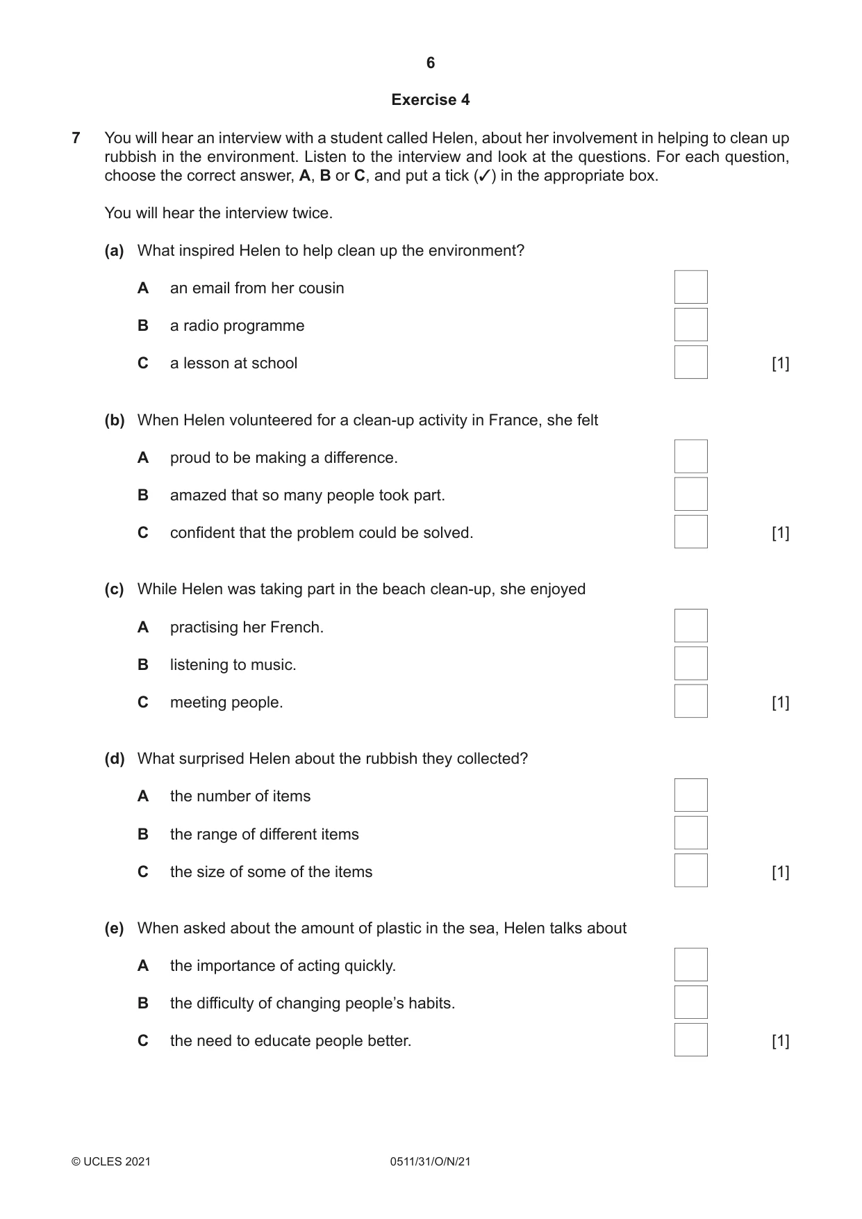 Cambridge IGCSE English - Second Language (count-in oral) 0511 2021 Oct/Nov Paper 3 · Variant 1 question paper, page 6 of 8