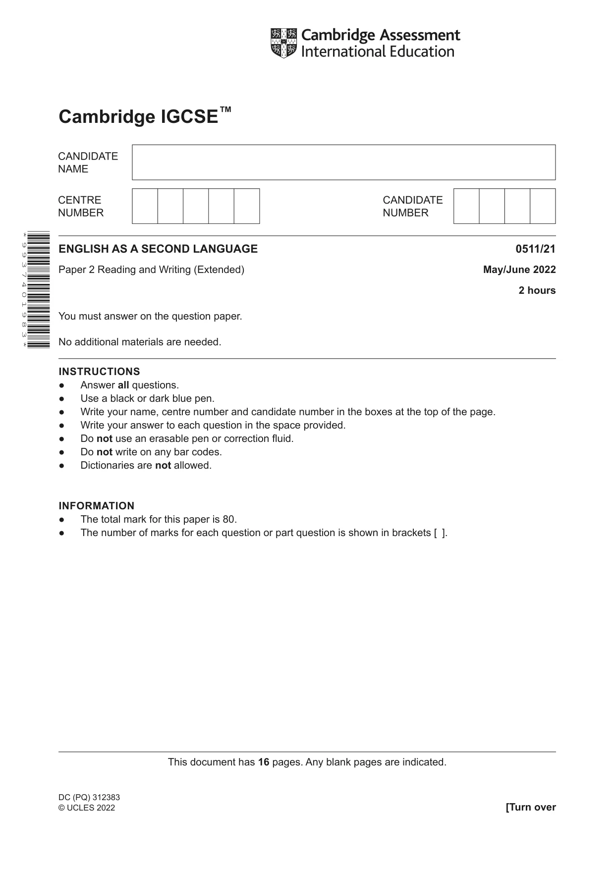 Cambridge IGCSE English - Second Language (count-in oral) 0511 2022 May/June Paper 2 · Variant 1 question paper, page 1 of 16