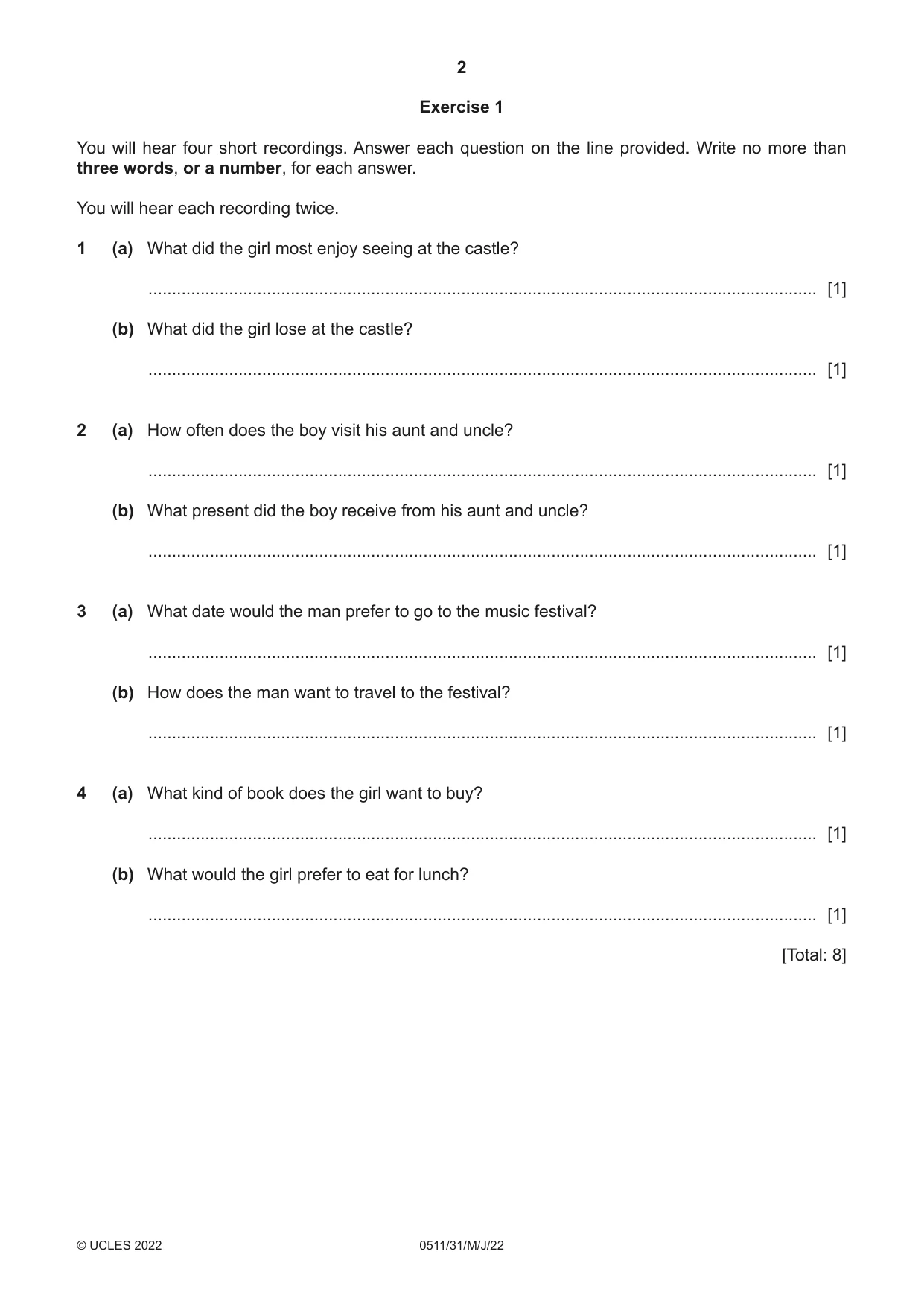 Cambridge IGCSE English - Second Language (count-in oral) 0511 2022 May/June Paper 3 · Variant 1 question paper, page 2 of 8