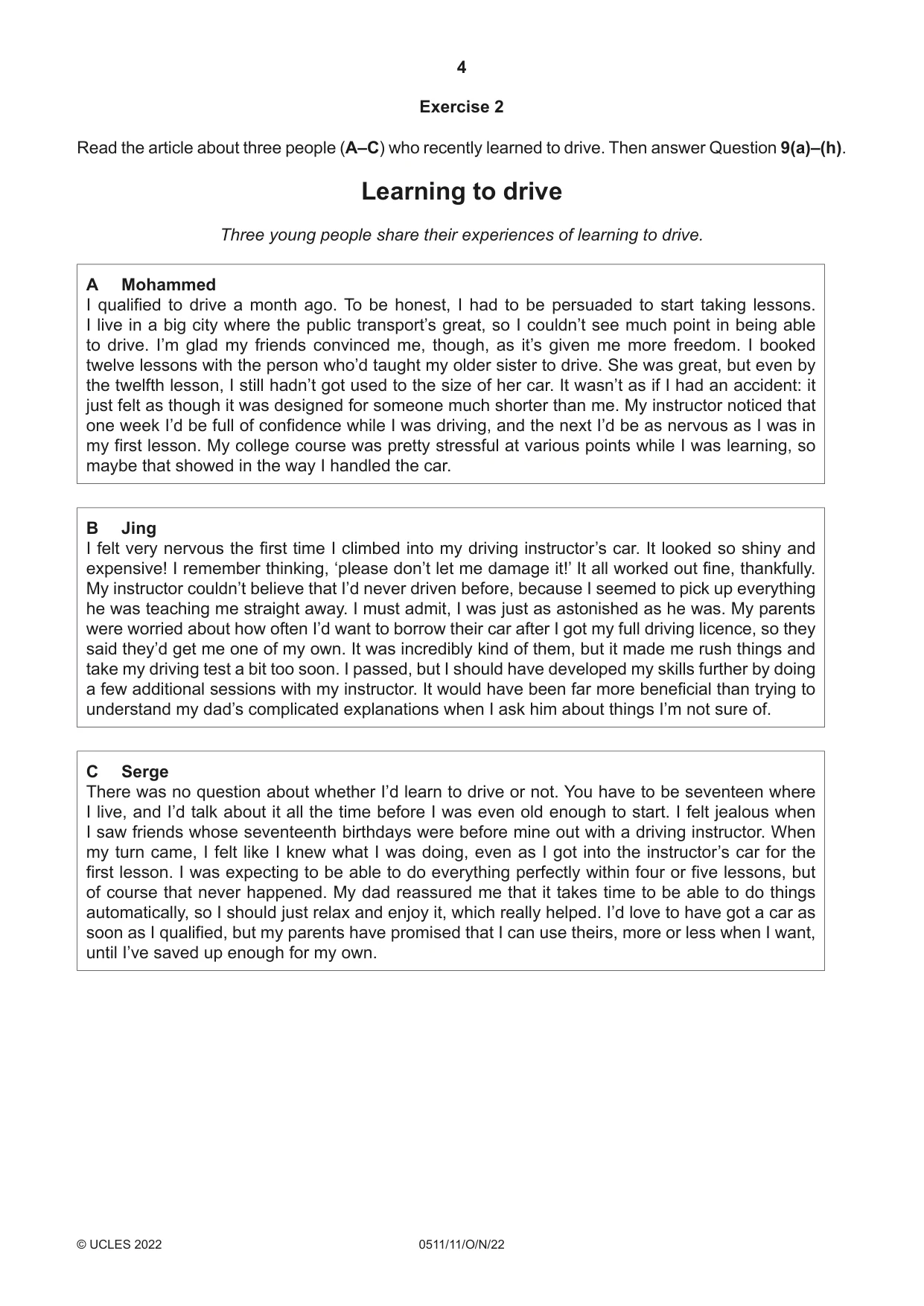 Cambridge IGCSE English - Second Language (count-in oral) 0511 2022 Oct/Nov Paper 1 · Variant 1 question paper, page 4 of 16