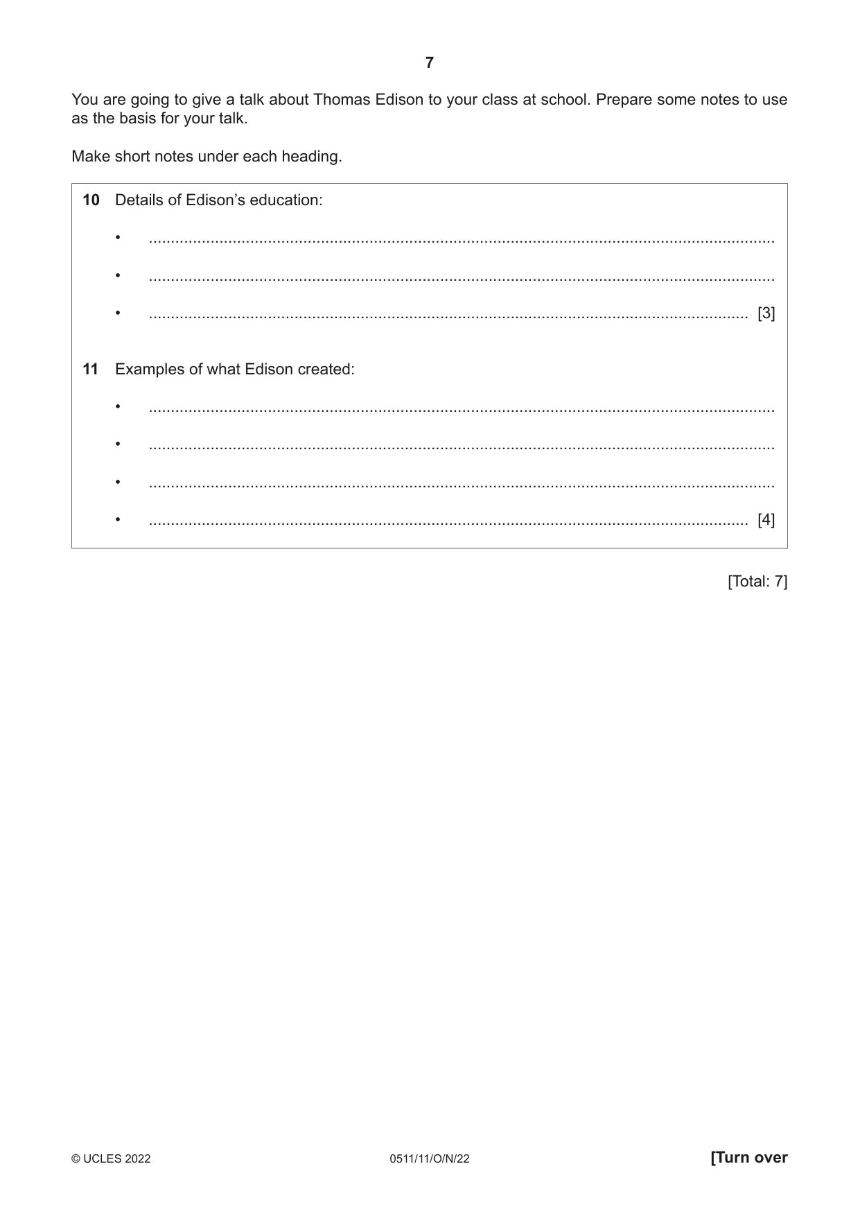 Cambridge IGCSE English - Second Language (count-in oral) 0511 2022 Oct/Nov Paper 1 · Variant 1 question paper, page 7 of 16