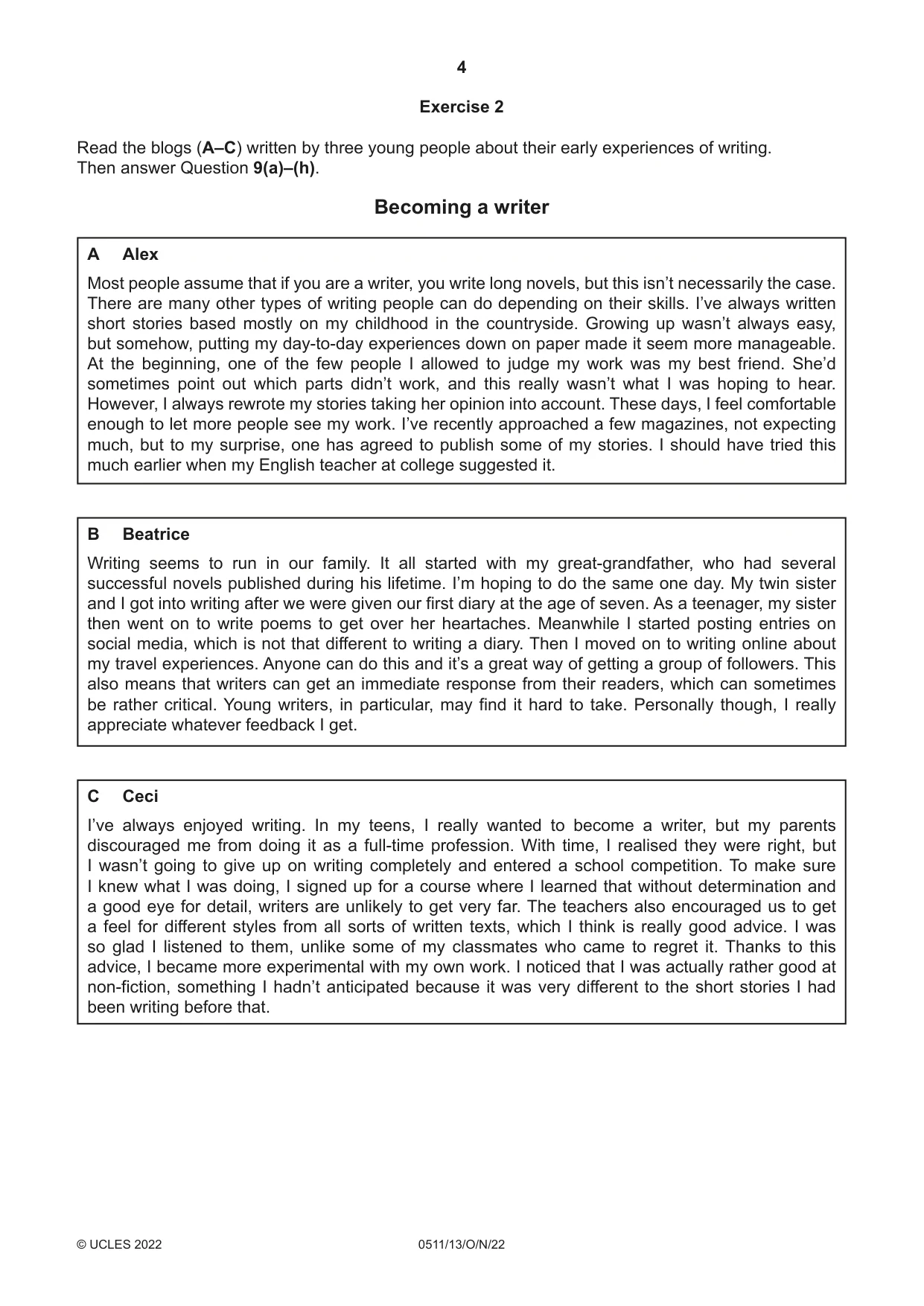 Cambridge IGCSE English - Second Language (count-in oral) 0511 2022 Oct/Nov Paper 1 · Variant 3 question paper, page 4 of 16