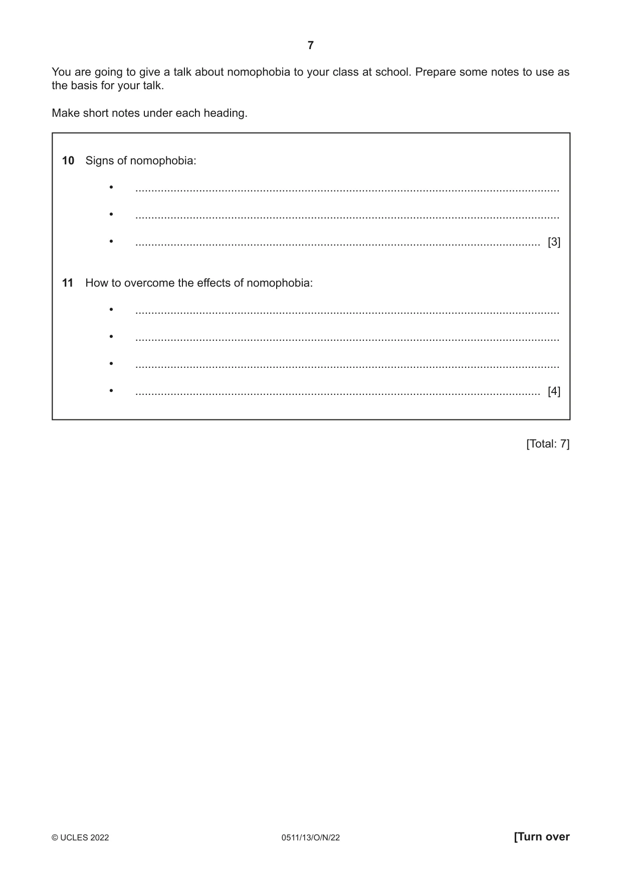 Cambridge IGCSE English - Second Language (count-in oral) 0511 2022 Oct/Nov Paper 1 · Variant 3 question paper, page 7 of 16