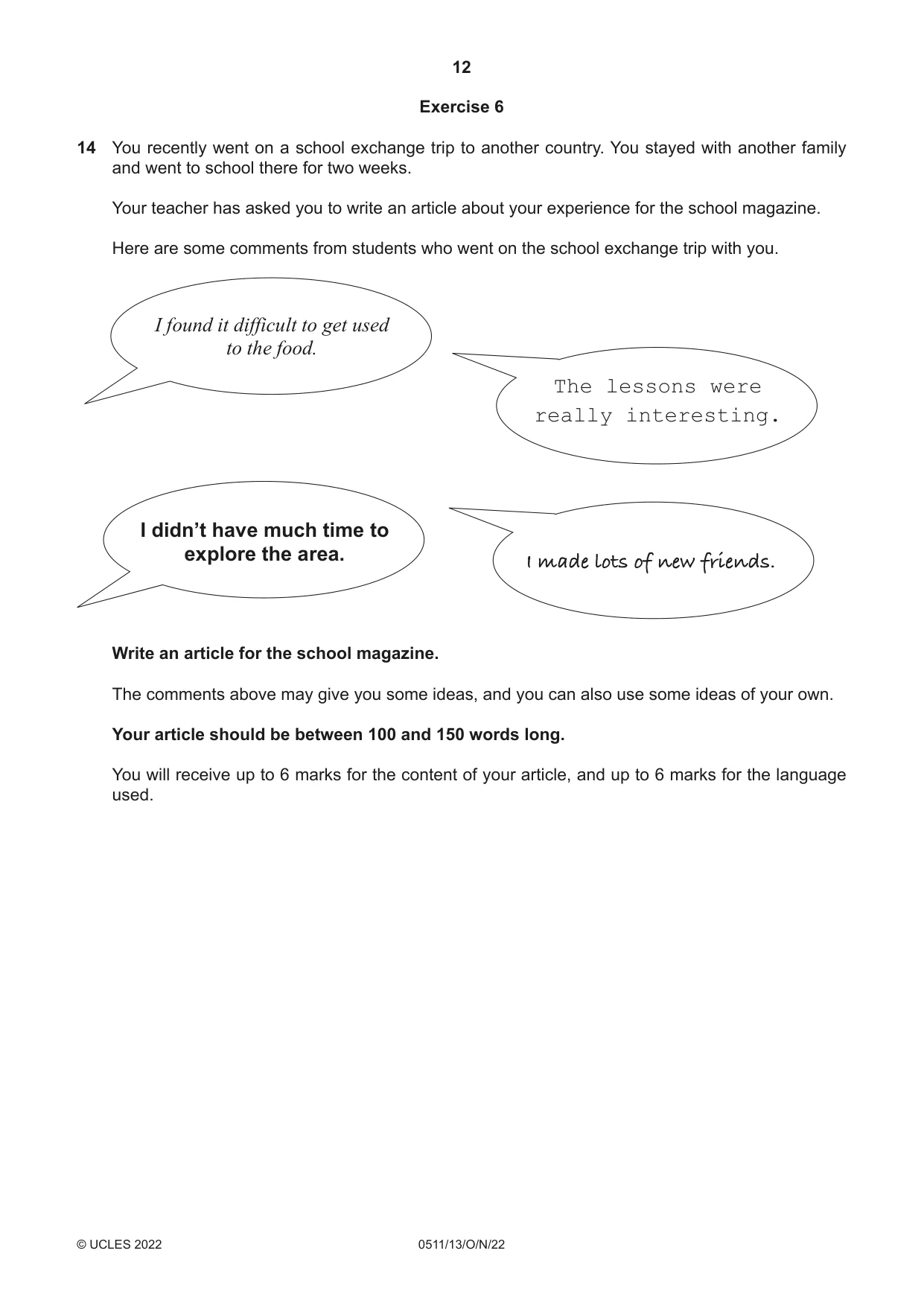 Cambridge IGCSE English - Second Language (count-in oral) 0511 2022 Oct/Nov Paper 1 · Variant 3 question paper, page 12 of 16