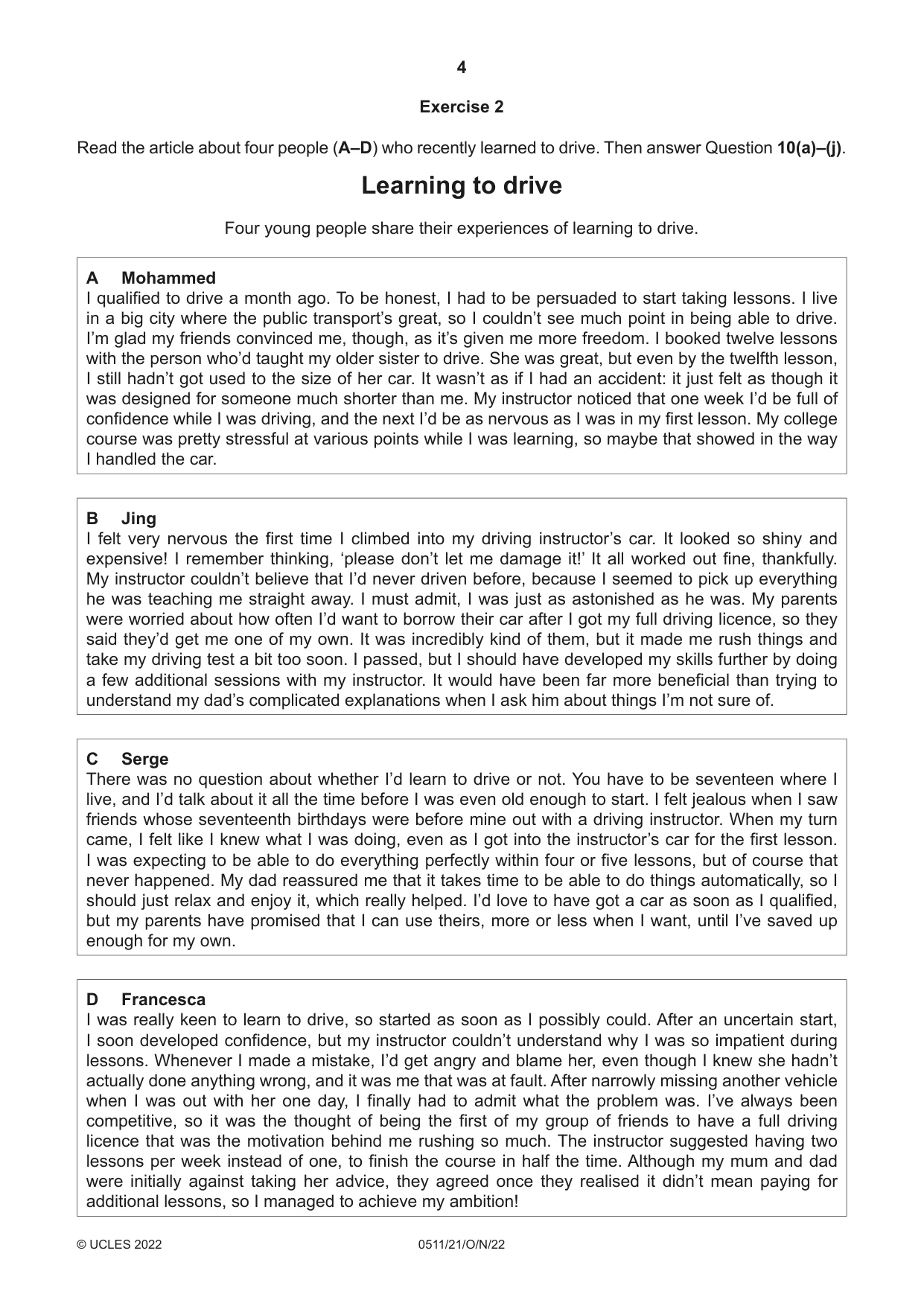 Cambridge IGCSE English - Second Language (count-in oral) 0511 2022 Oct/Nov Paper 2 · Variant 1 question paper, page 4 of 16