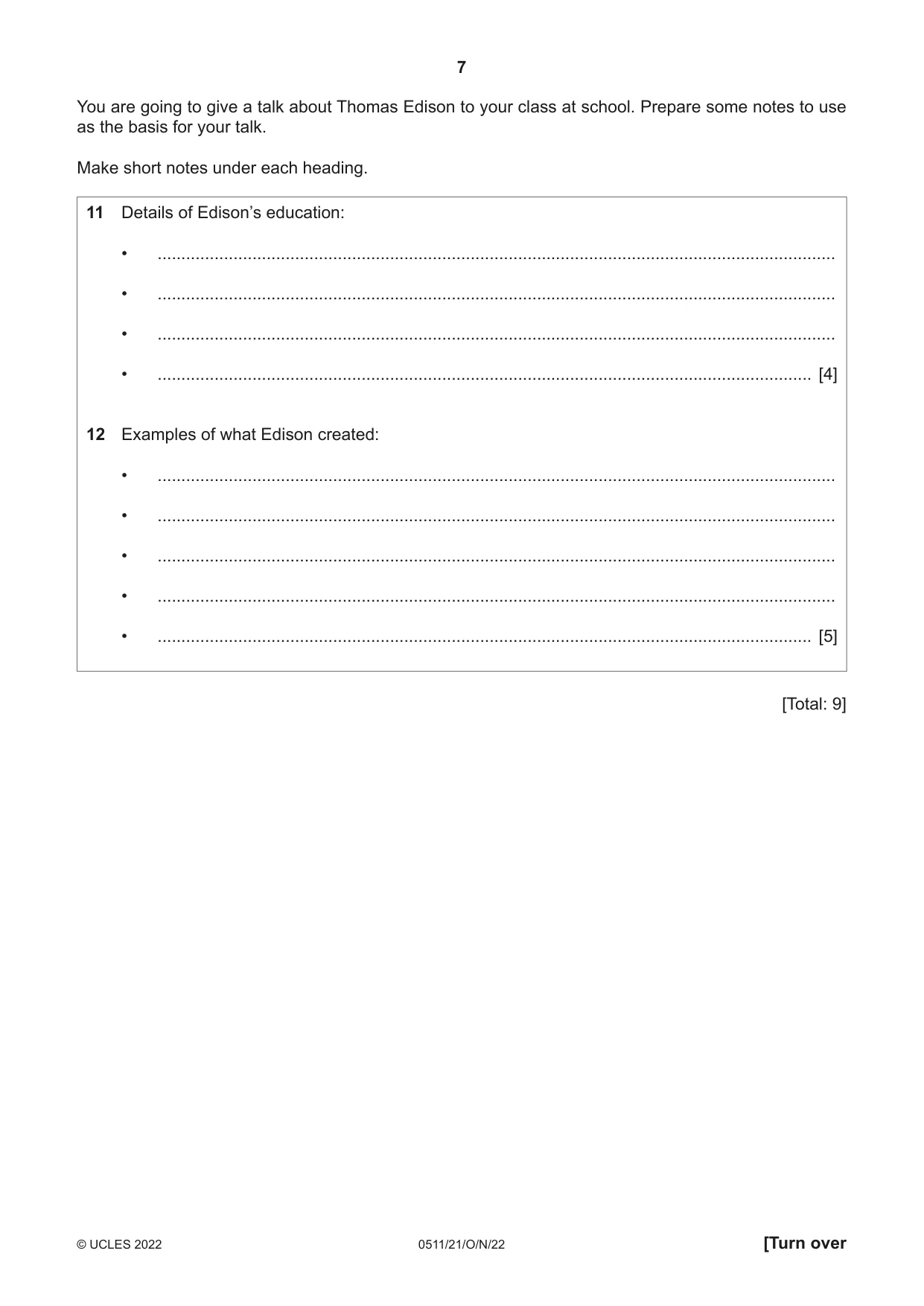 Cambridge IGCSE English - Second Language (count-in oral) 0511 2022 Oct/Nov Paper 2 · Variant 1 question paper, page 7 of 16