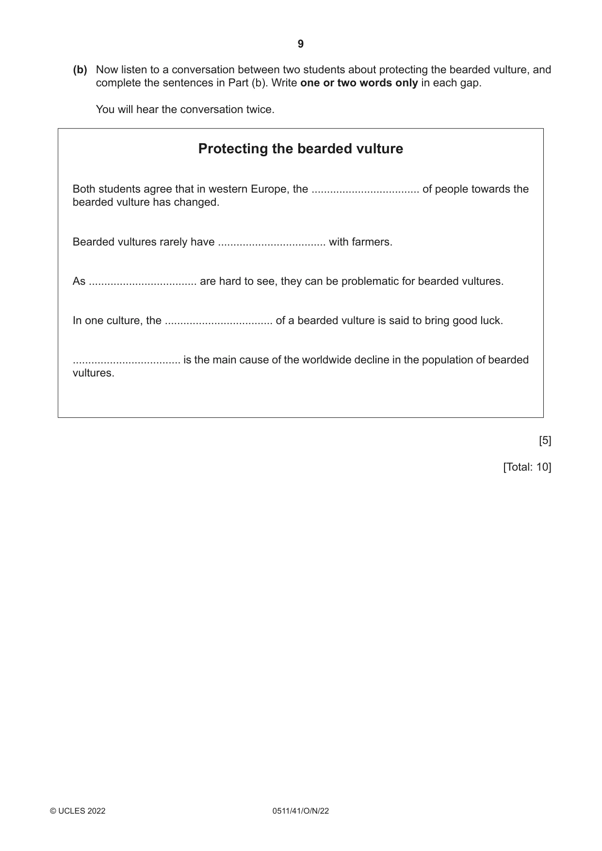 Cambridge IGCSE English - Second Language (count-in oral) 0511 2022 Oct/Nov Paper 4 · Variant 1 question paper, page 9 of 12