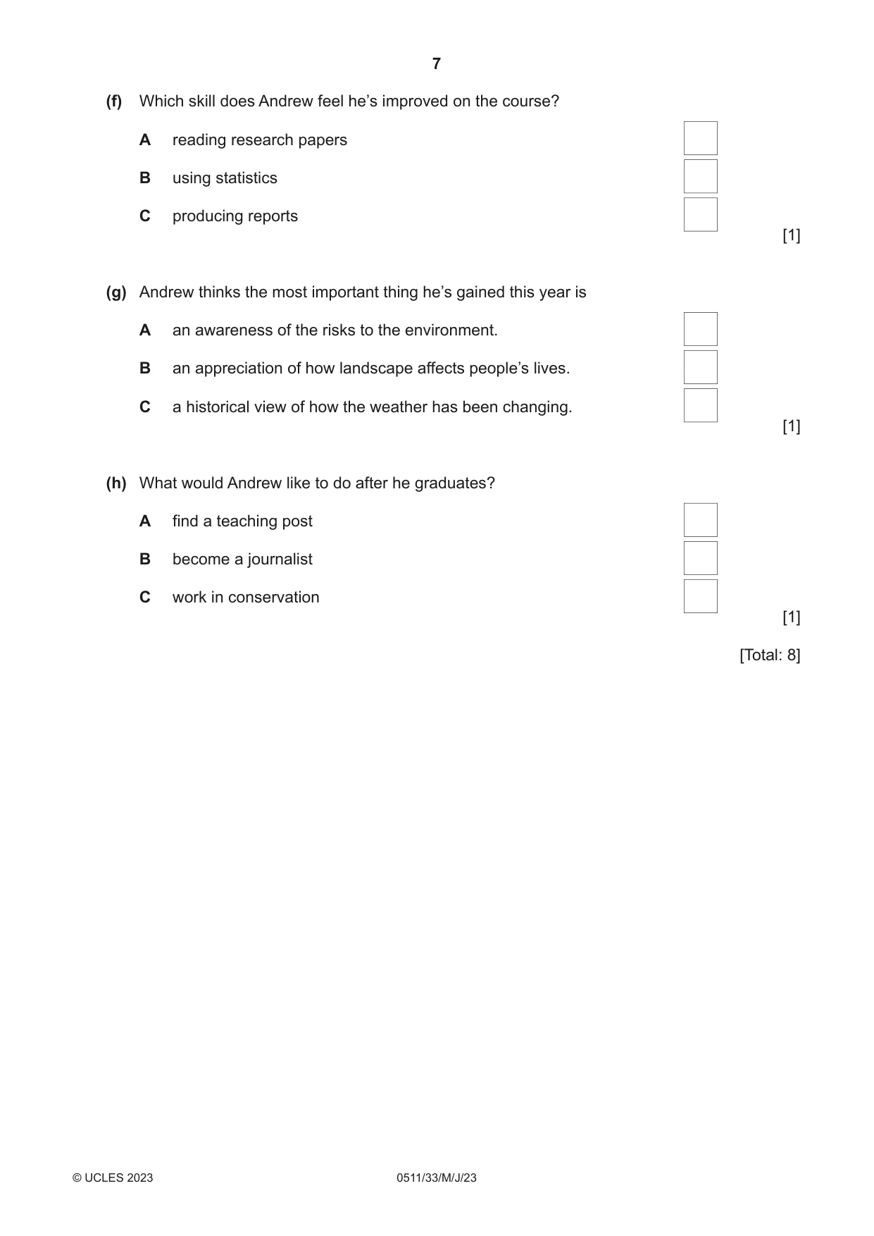 Cambridge IGCSE English - Second Language (count-in oral) 0511 2023 May/June Paper 3 · Variant 3 question paper, page 7 of 8