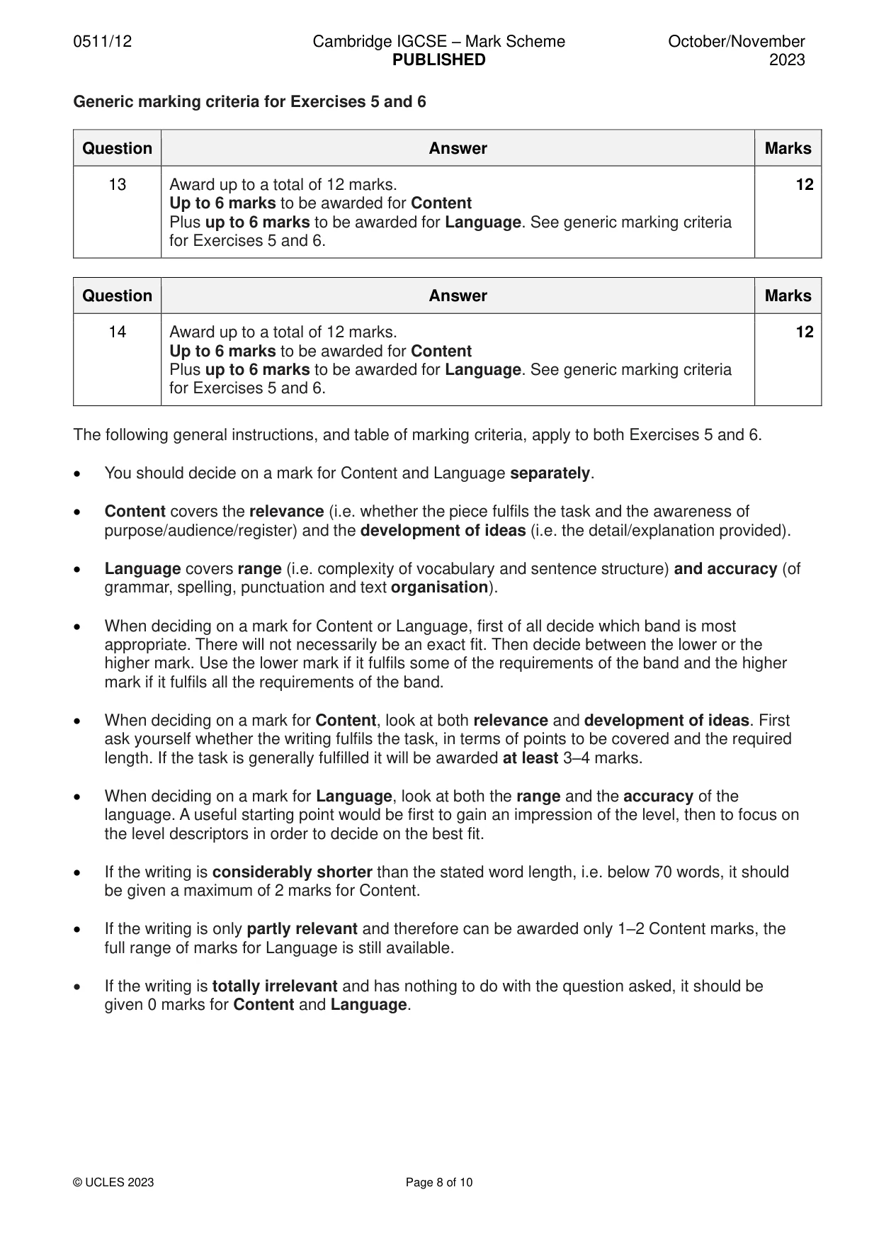 Mark scheme, page 8 of 10