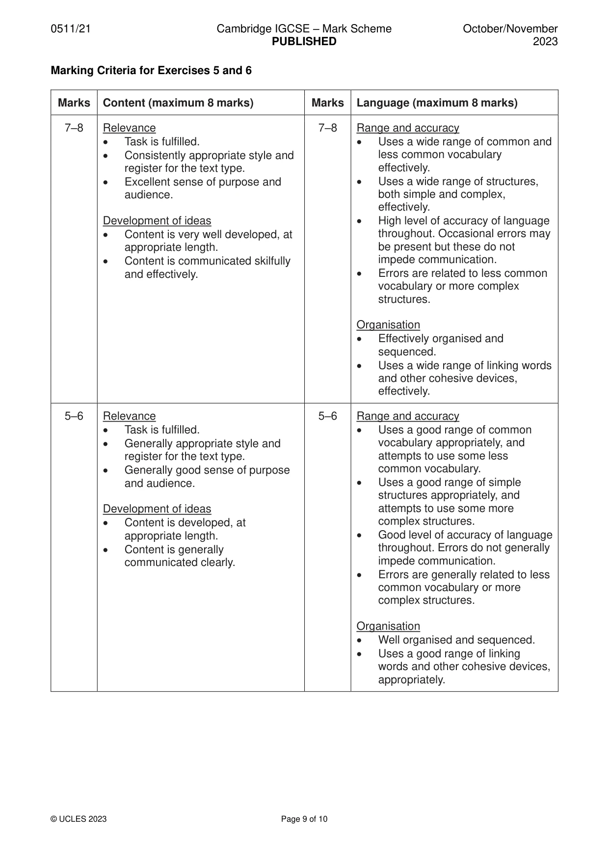 Mark scheme, page 9 of 10