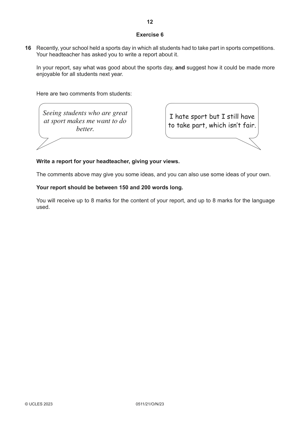Cambridge IGCSE English - Second Language (count-in oral) 0511 2023 Oct/Nov Paper 2 · Variant 1 question paper, page 12 of 16